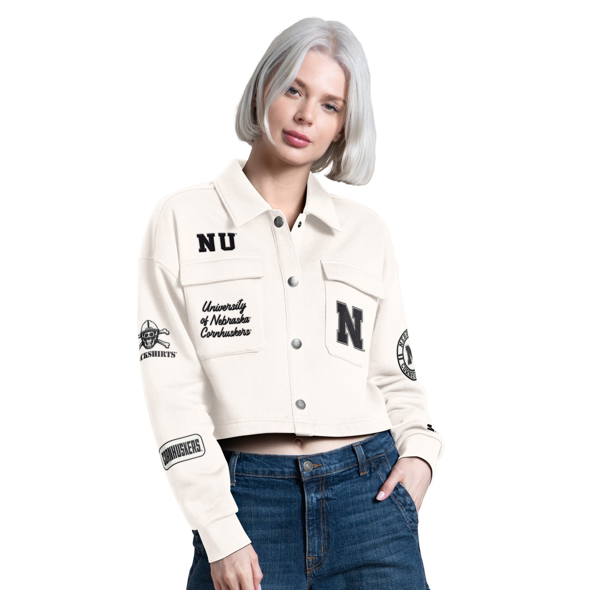 Surchemise courte à boutons-pression Nebraska Huskers Anchor, couleur crème Starter Cream, pour femme