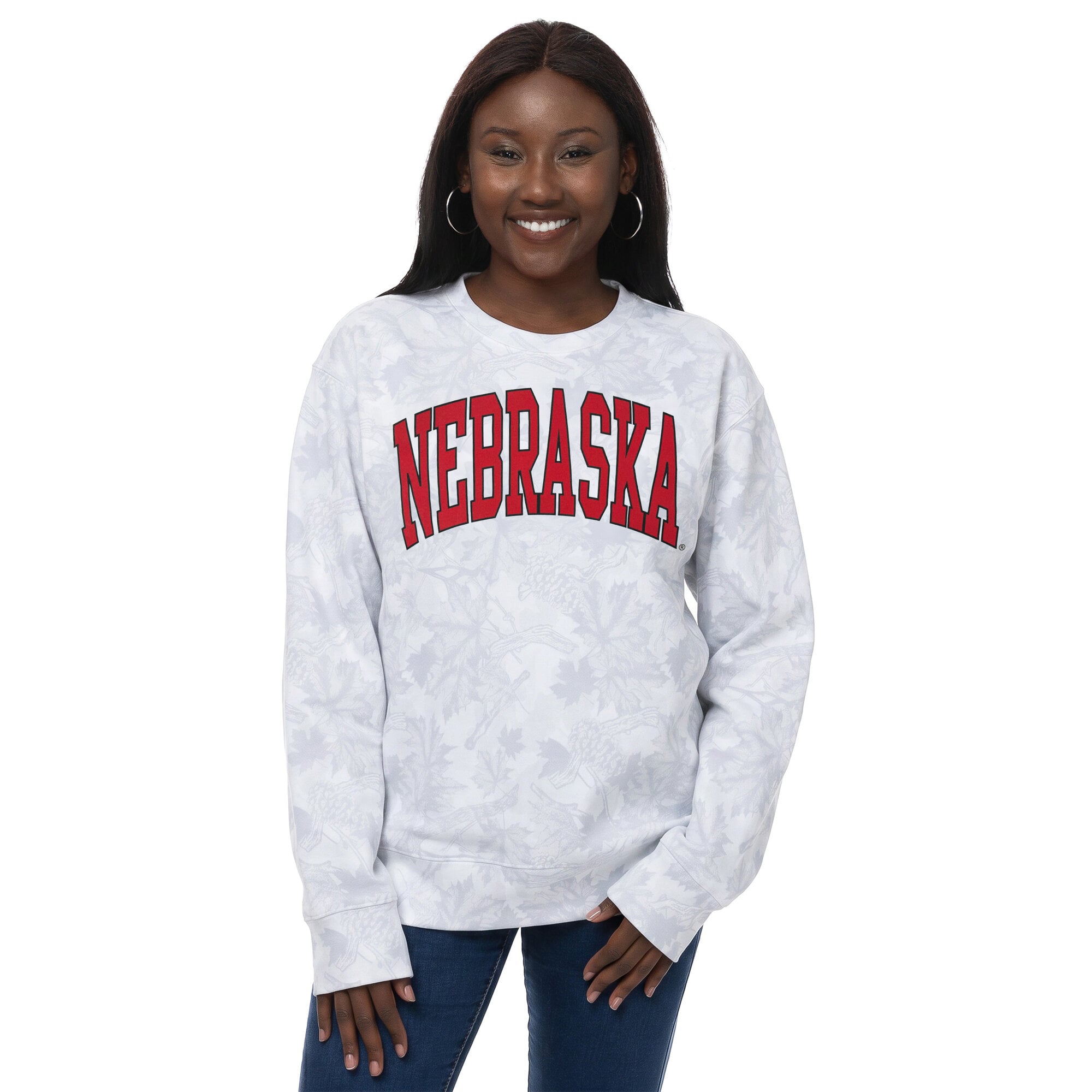 Women's ZooZatz Gray Nebraska Huskers Camo Arch Logo Fleece Crewneck Sweatshirt
