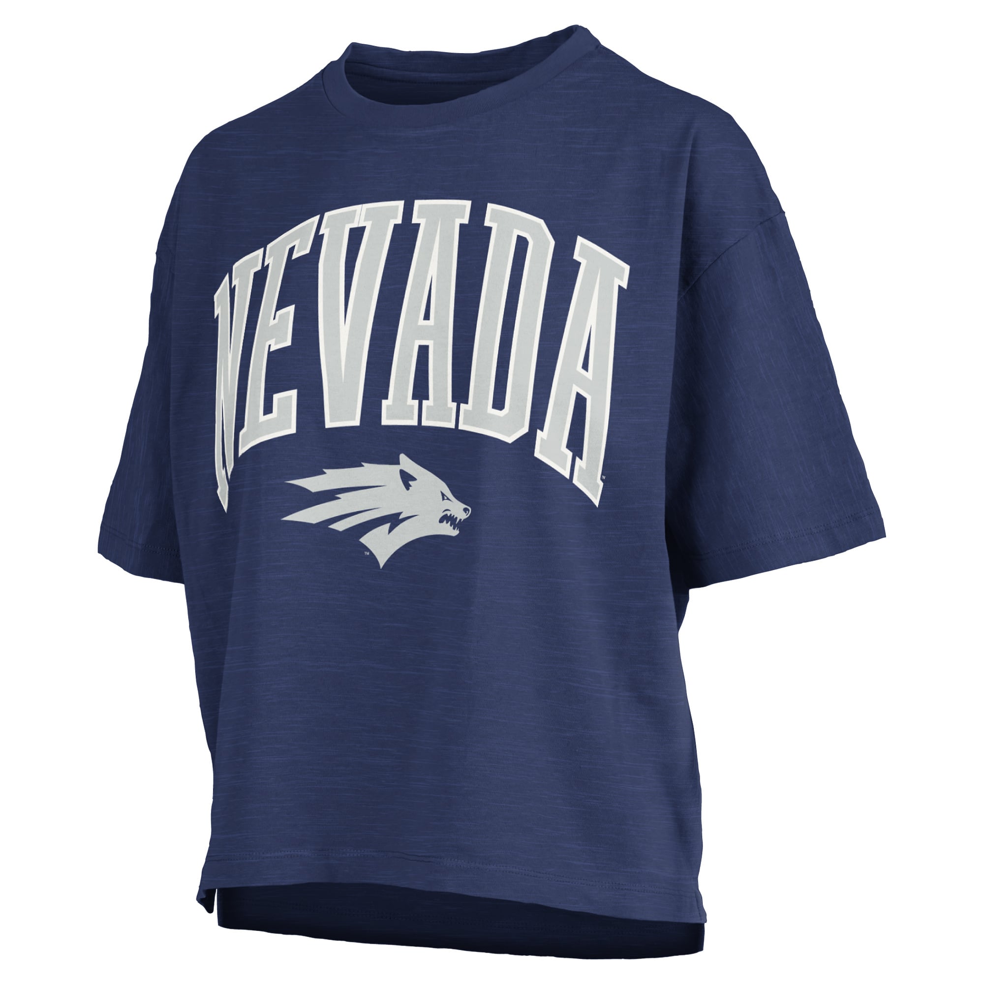 Women's Pressbox Navy Nevada Wolf Pack Oversized Nelson Arch Over Logo Slub T-Shirt