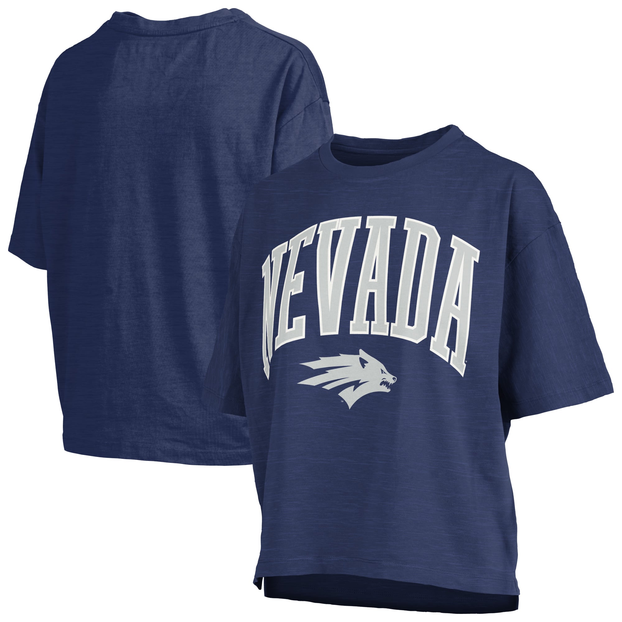 Women's Pressbox Navy Nevada Wolf Pack Oversized Nelson Arch Over Logo Slub T-Shirt