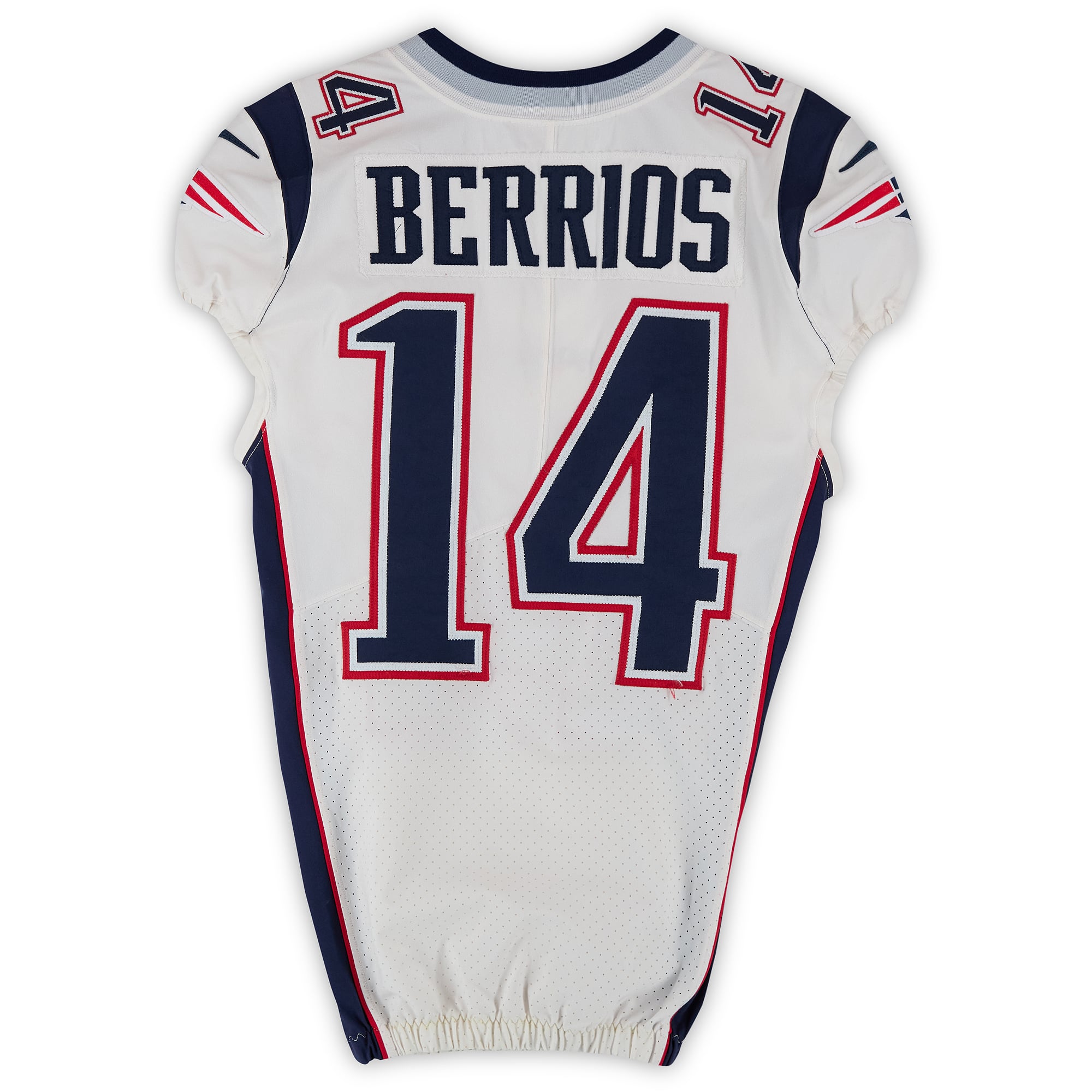 Maillot blanc Nike n° 14 porté par Braxton Berrios, des New England Patriots, lors de la saison NFL 2019.