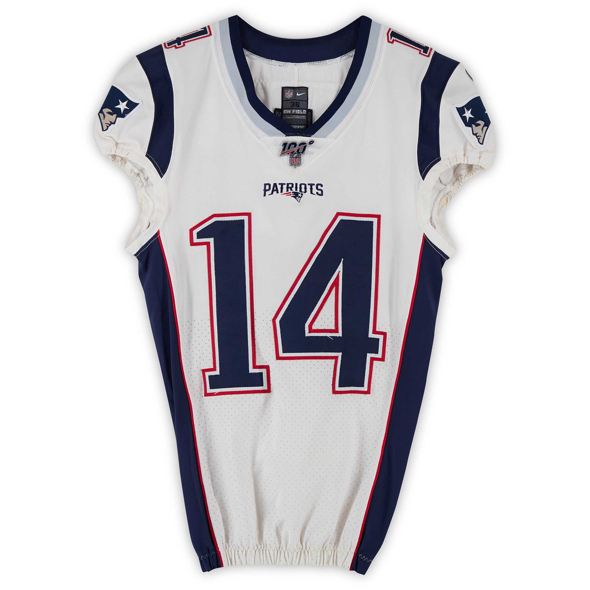 Maillot blanc Nike n° 14 porté par Braxton Berrios, des New England Patriots, lors de la saison NFL 2019.