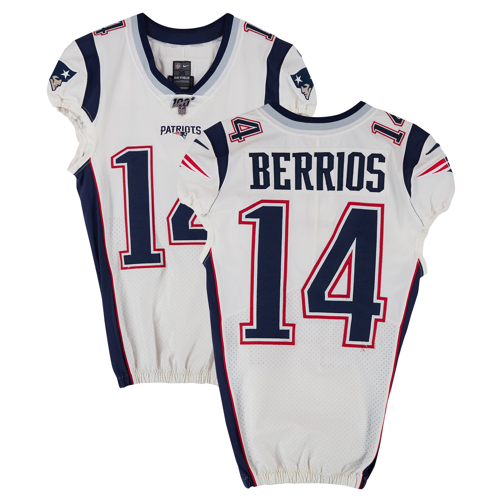 Maillot blanc Nike n° 14 porté par Braxton Berrios, des New England Patriots, lors de la saison NFL 2019.