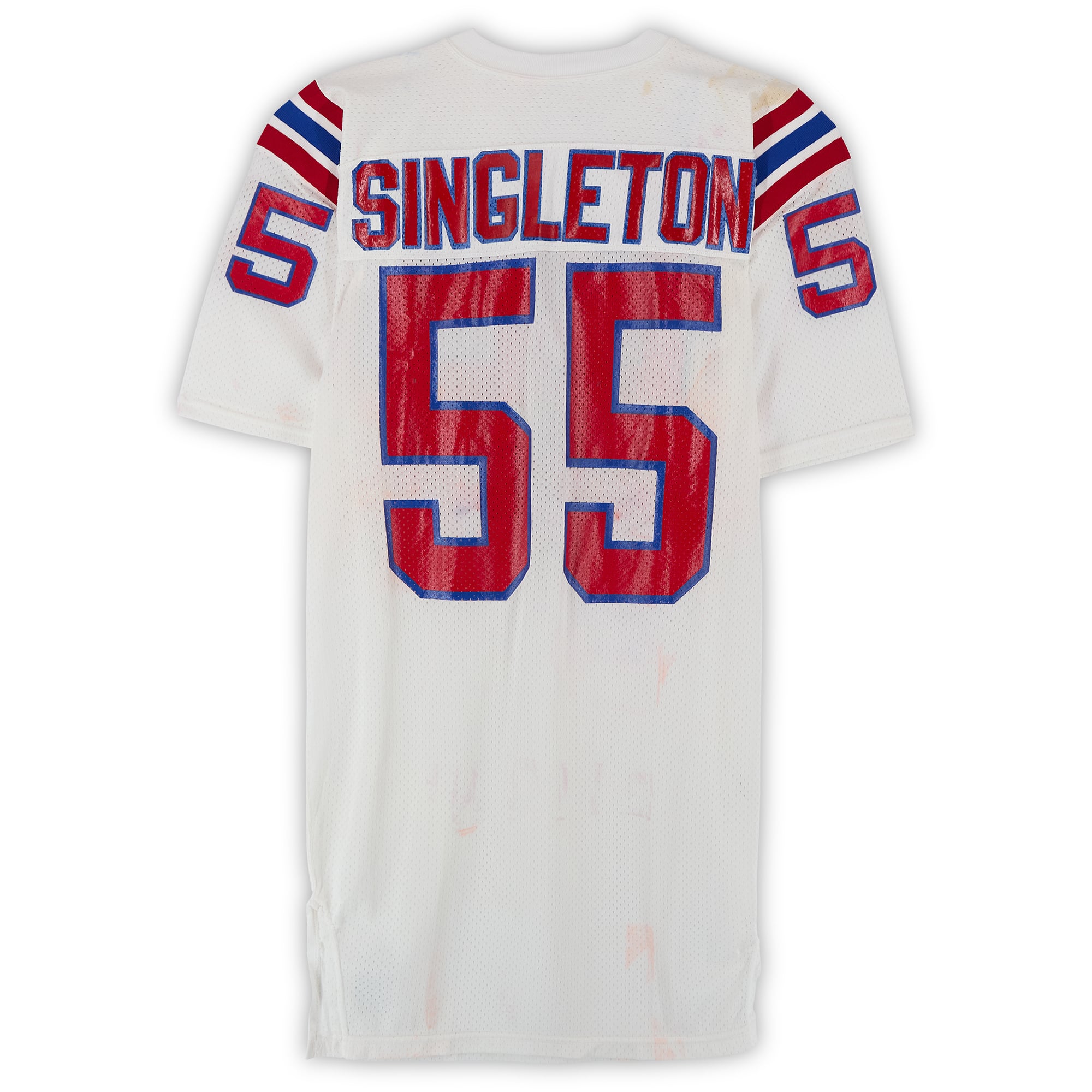 Maillot blanc n° 55 de Chris Singleton, joueur des New England Patriots, saison 1990 de la NFL