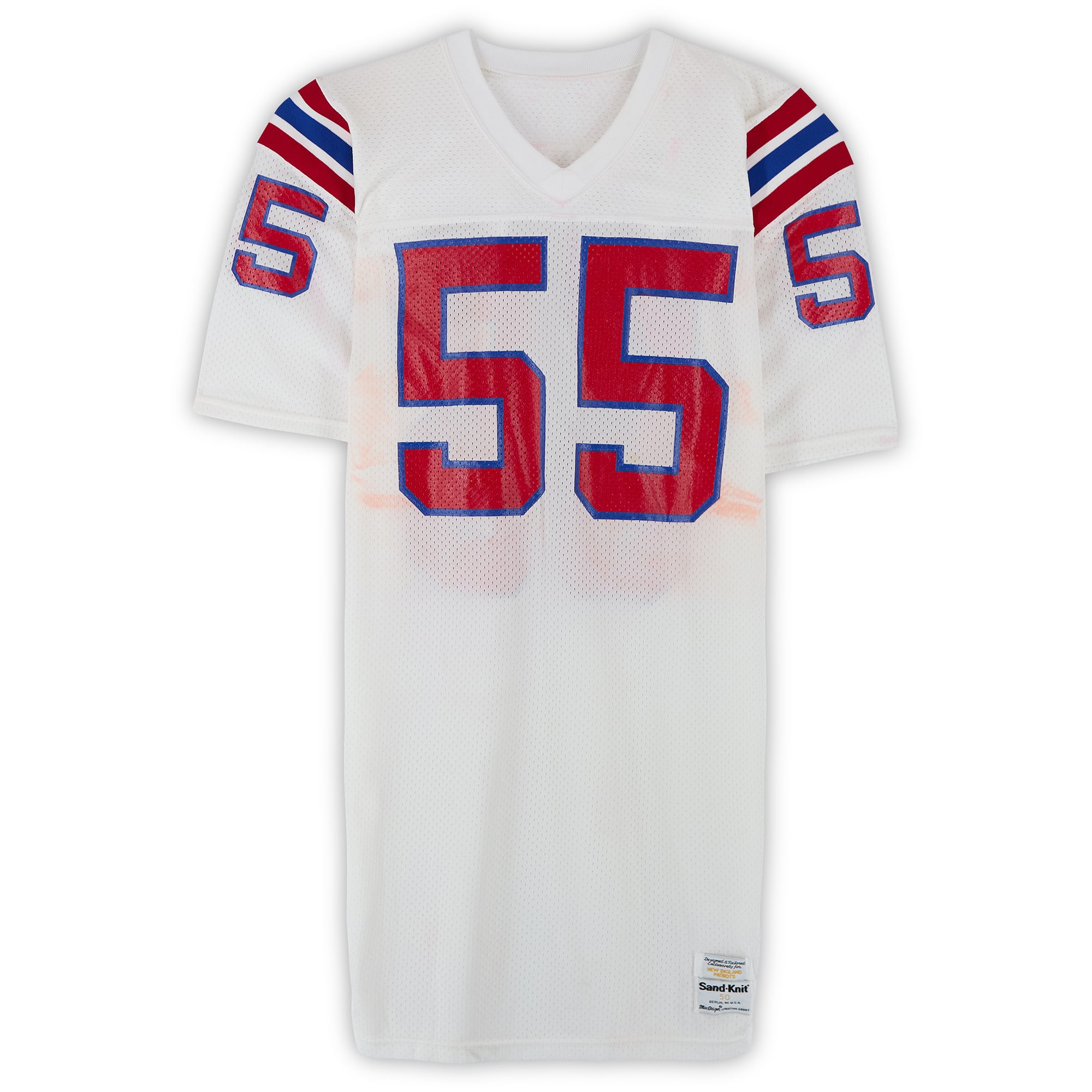 Maillot blanc n° 55 de Chris Singleton, joueur des New England Patriots, saison 1990 de la NFL