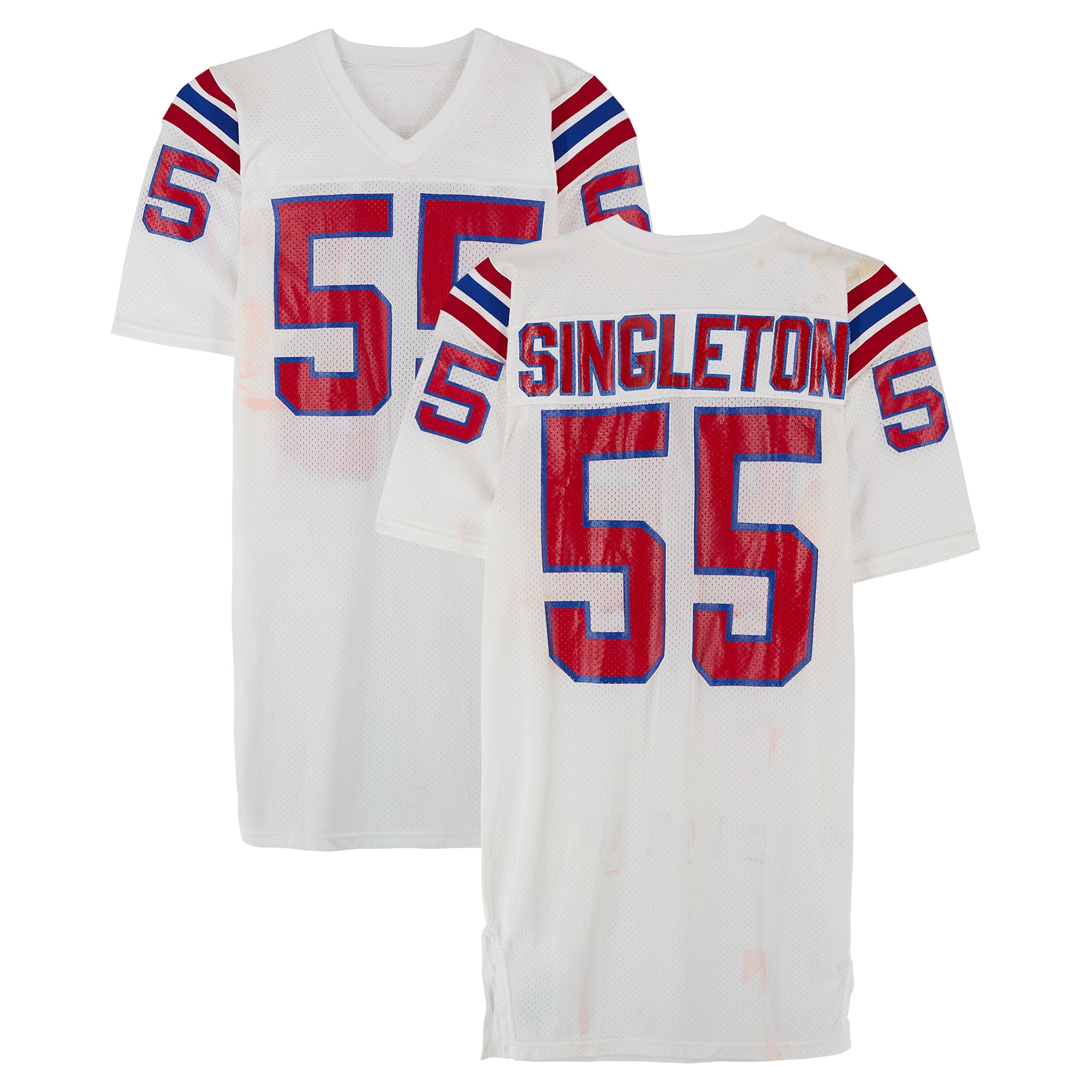 Maillot blanc n° 55 de Chris Singleton, joueur des New England Patriots, saison 1990 de la NFL