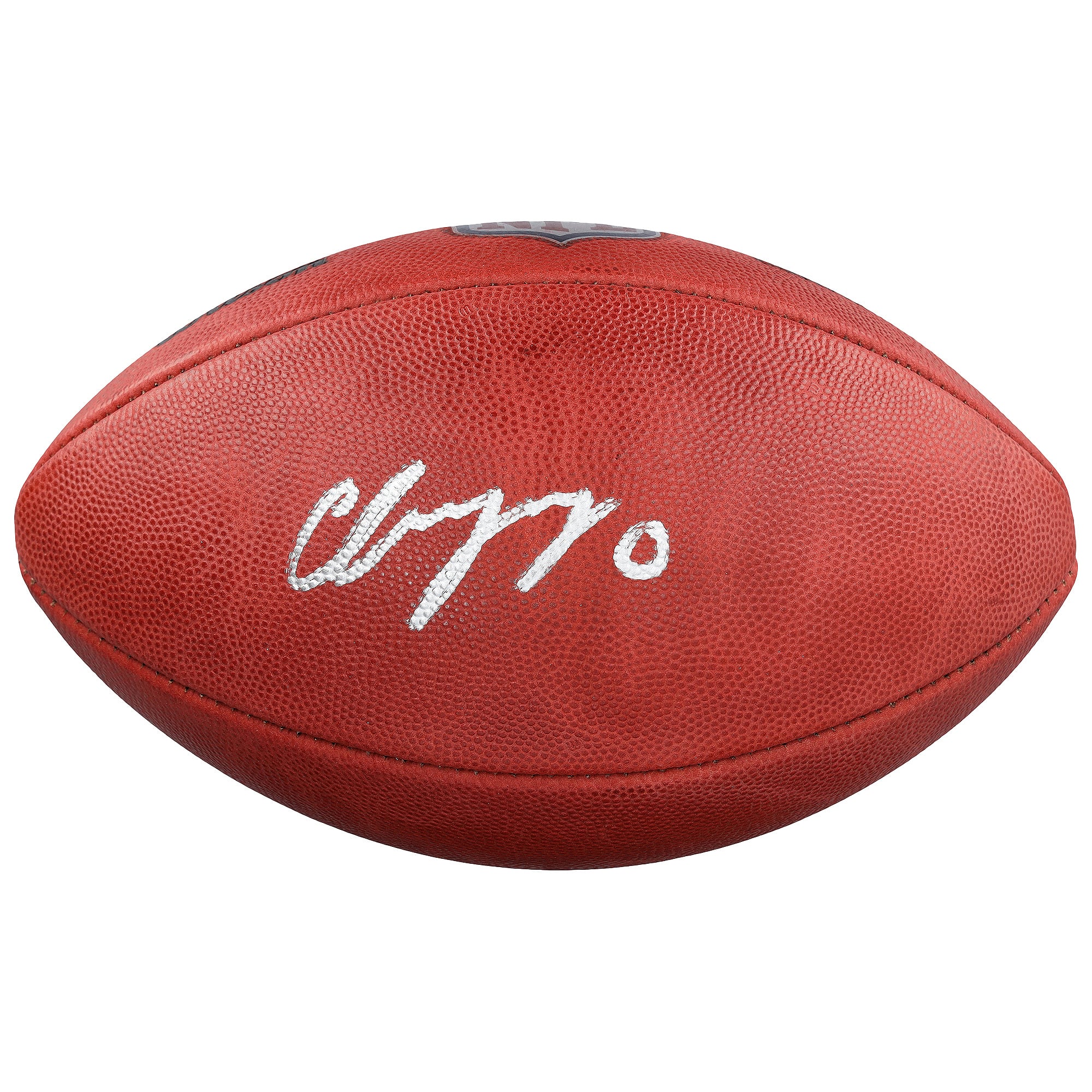 Ballon de football américain Duke en couleur, autographié par Christian Gonzalez, des New England Patriots.