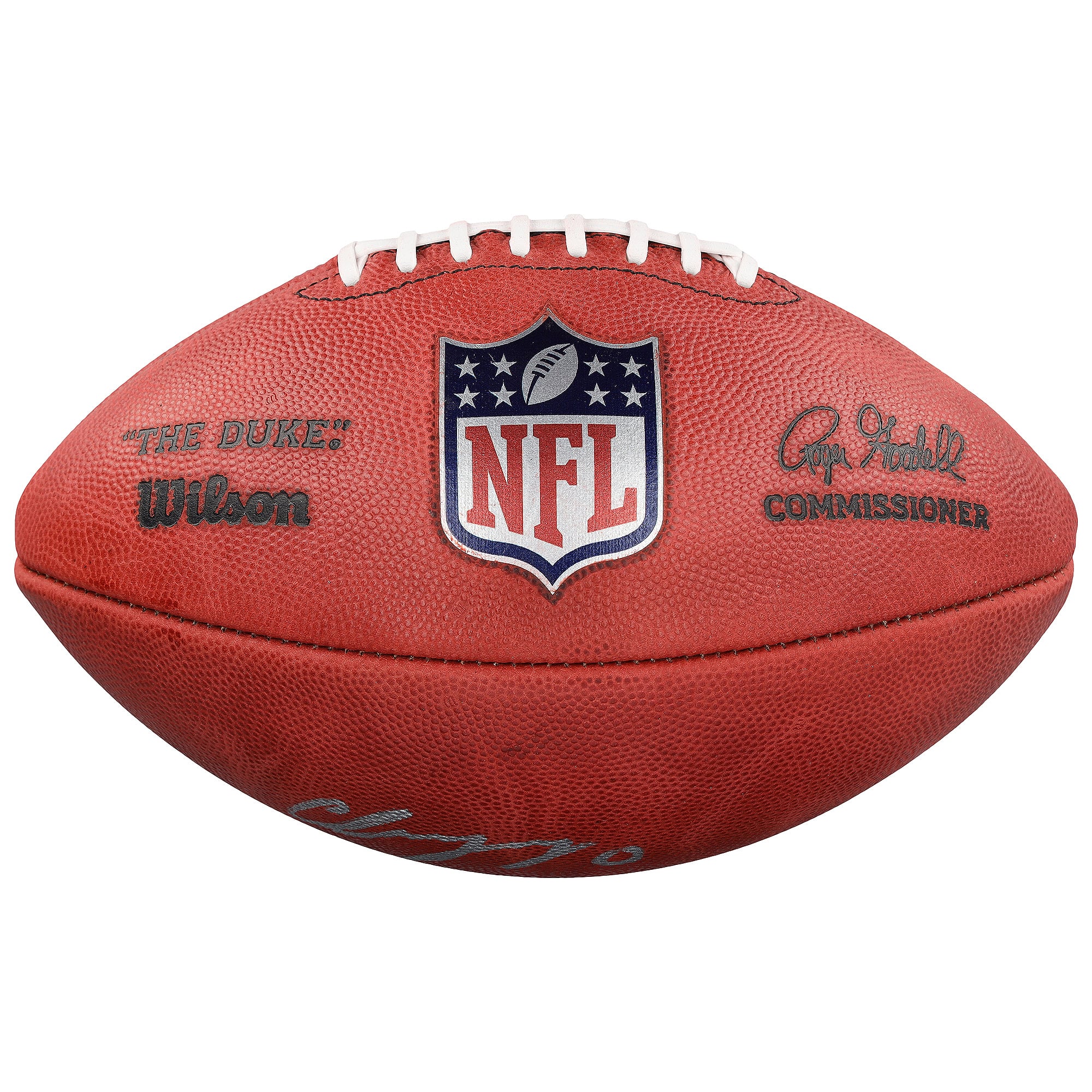 Ballon de football américain Duke en couleur, autographié par Christian Gonzalez, des New England Patriots.