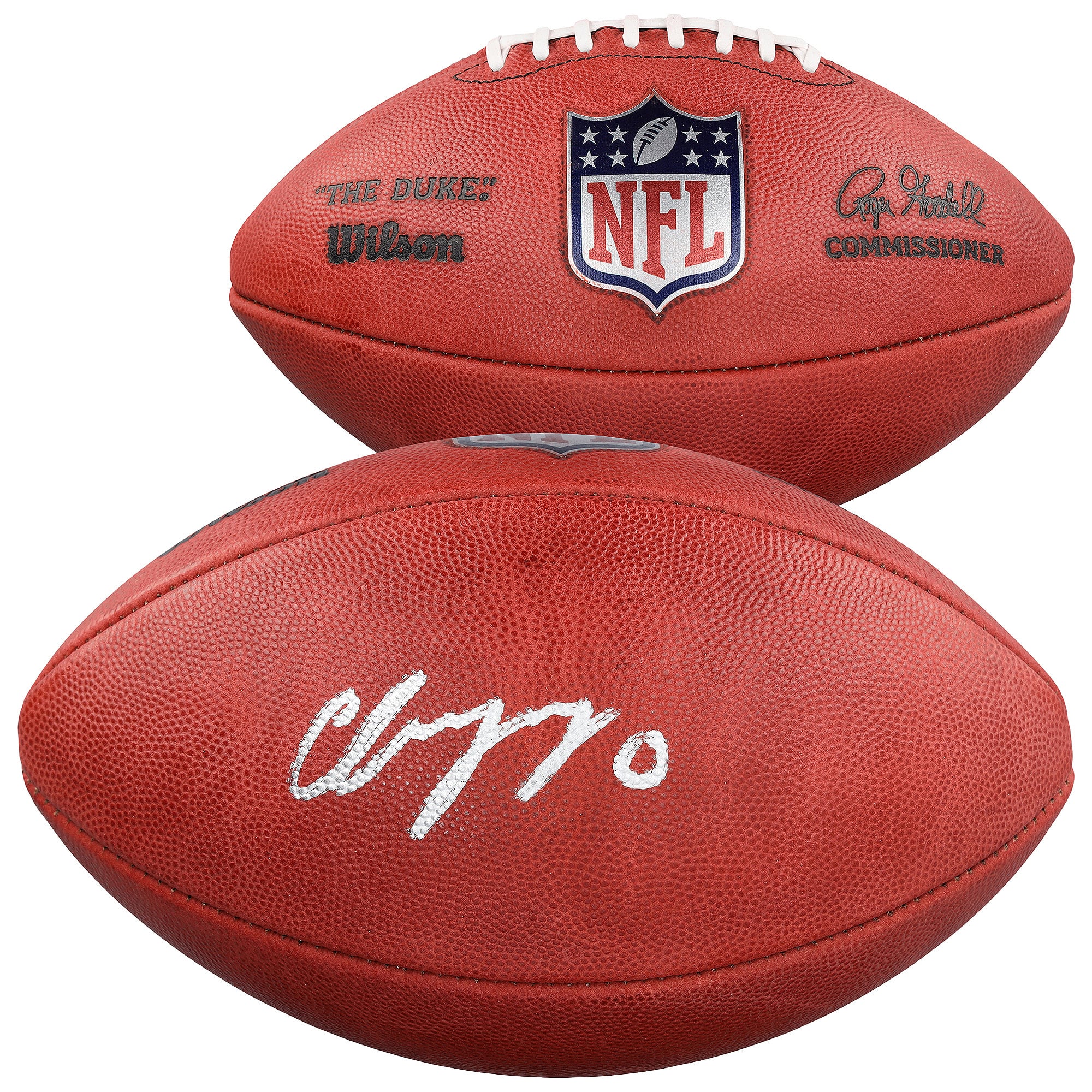 Ballon de football américain Duke en couleur, autographié par Christian Gonzalez, des New England Patriots.