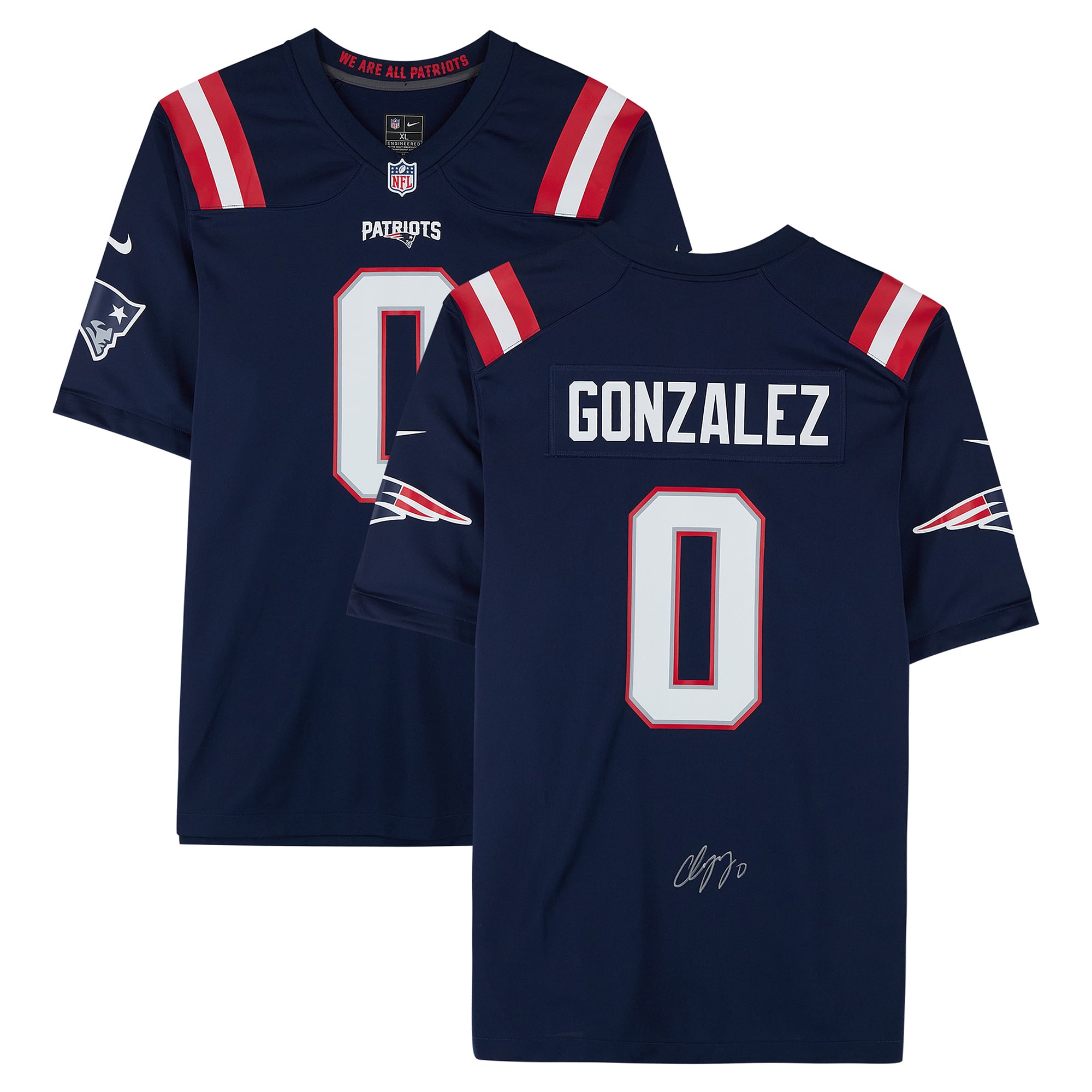Maillot de match Nike bleu marine autographié par Christian Gonzalez, des New England Patriots