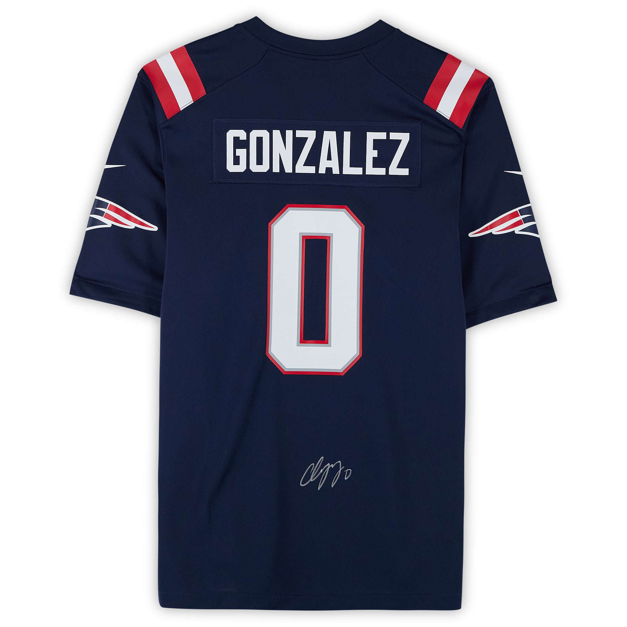 Maillot de match Nike bleu marine autographié par Christian Gonzalez, des New England Patriots