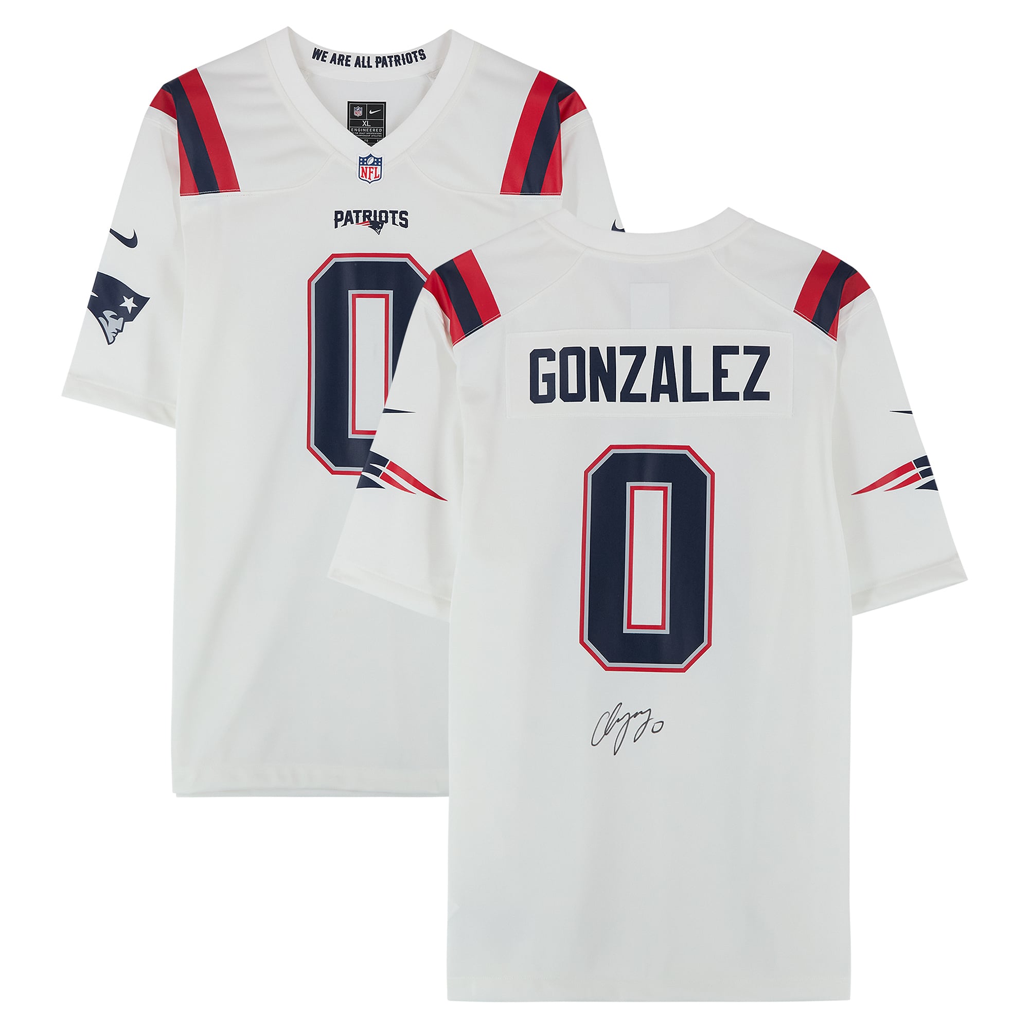 Maillot de match blanc Nike autographié par Christian Gonzalez, des New England Patriots