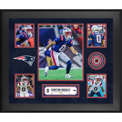 Christian Gonzalez New England Patriots Fanatics Authentic Framed 20" x 24" 5-Photo Collage with a Piece of Game-Used Football - Limited Edition of 500