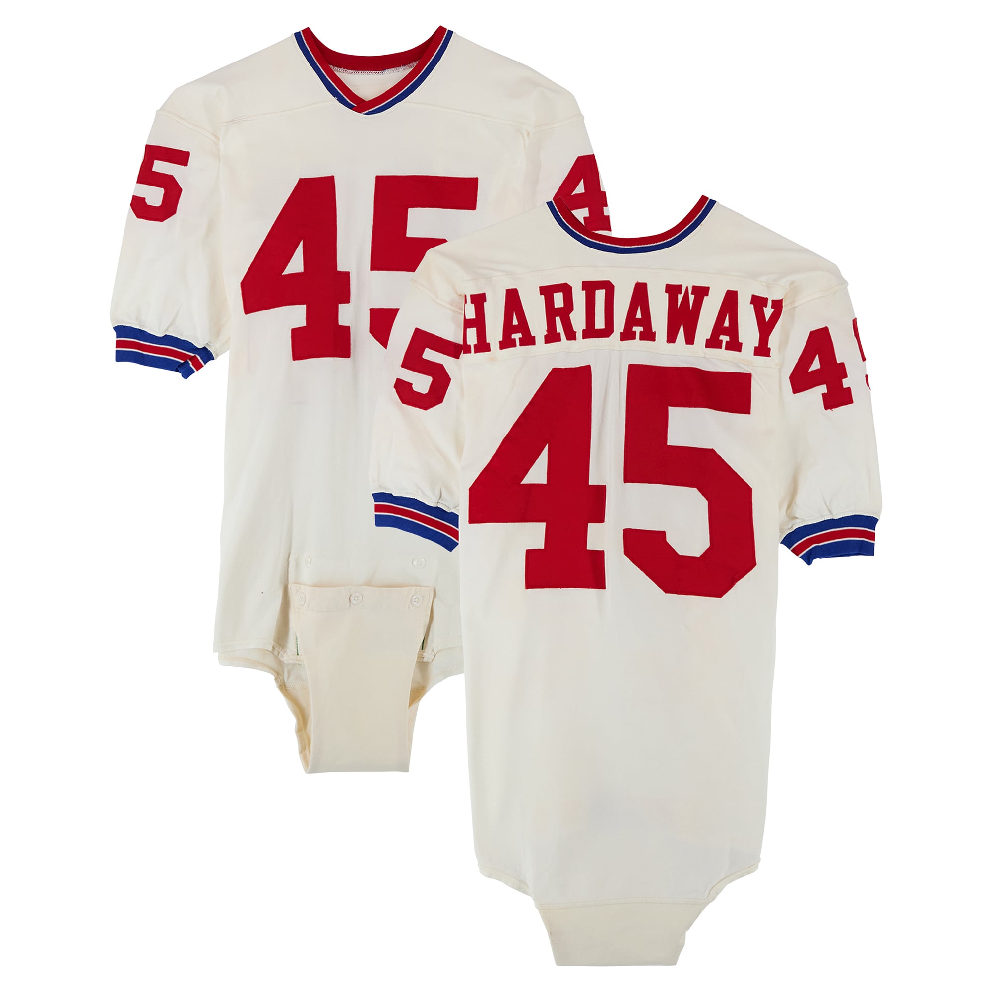 Maillot blanc n° 45 porté par Danny Hardaway, joueur des New England Patriots, lors de la saison 1972 de la NFL.