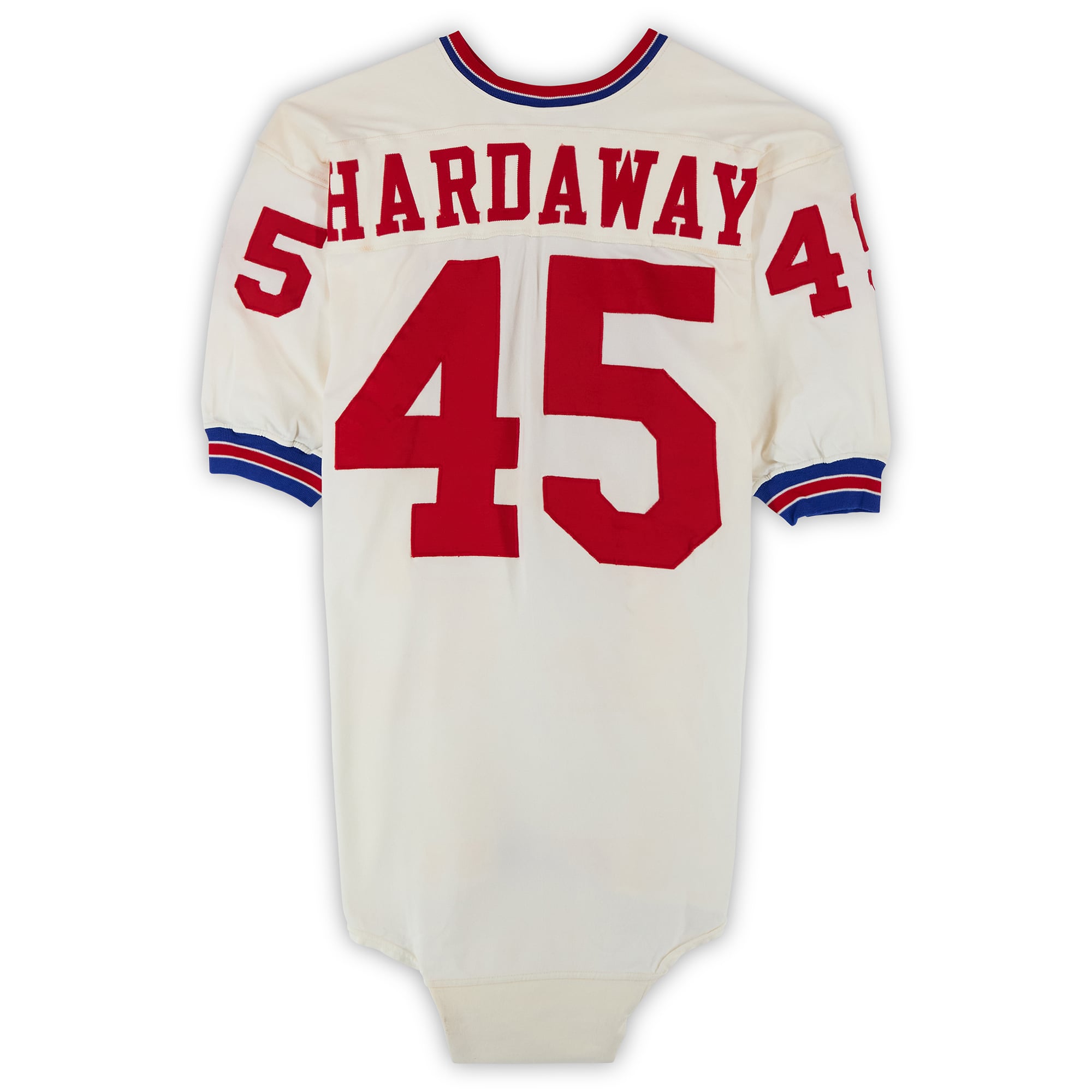 Maillot blanc n° 45 porté par Danny Hardaway, joueur des New England Patriots, lors de la saison 1972 de la NFL.
