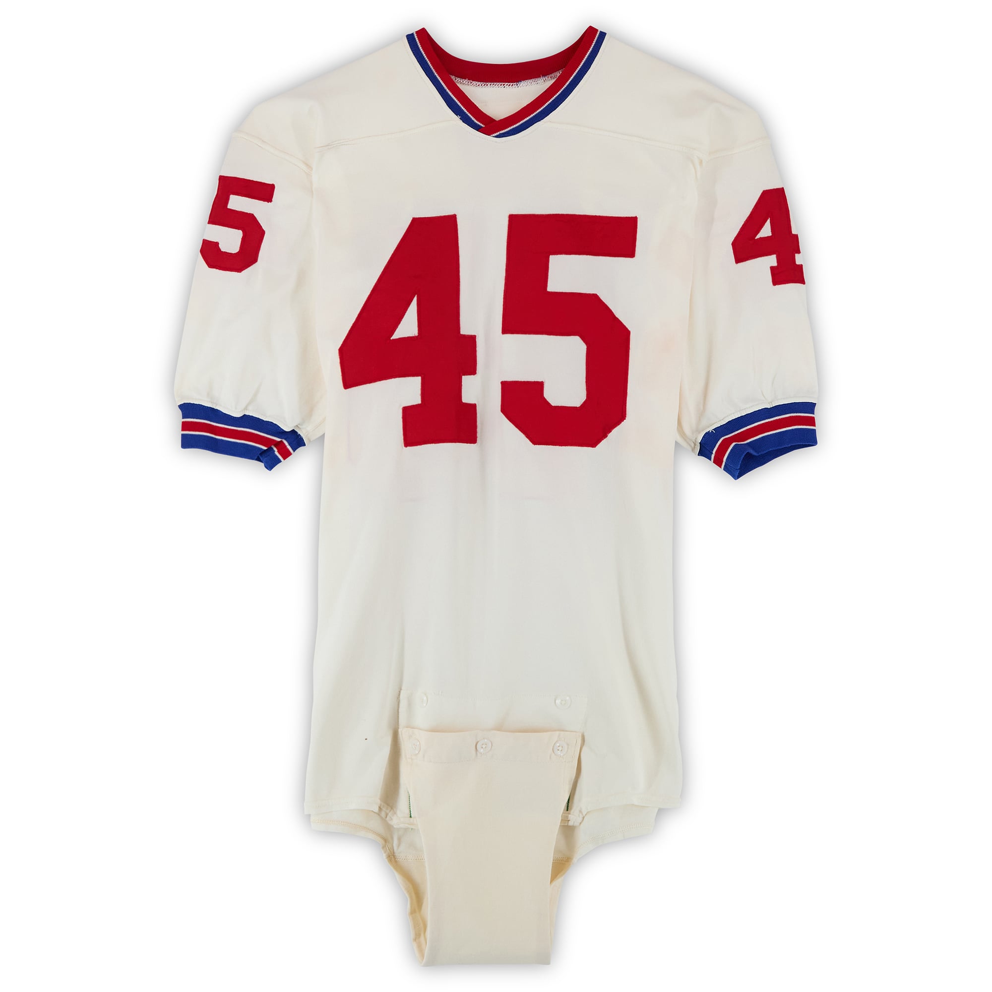 Maillot blanc n° 45 porté par Danny Hardaway, joueur des New England Patriots, lors de la saison 1972 de la NFL.
