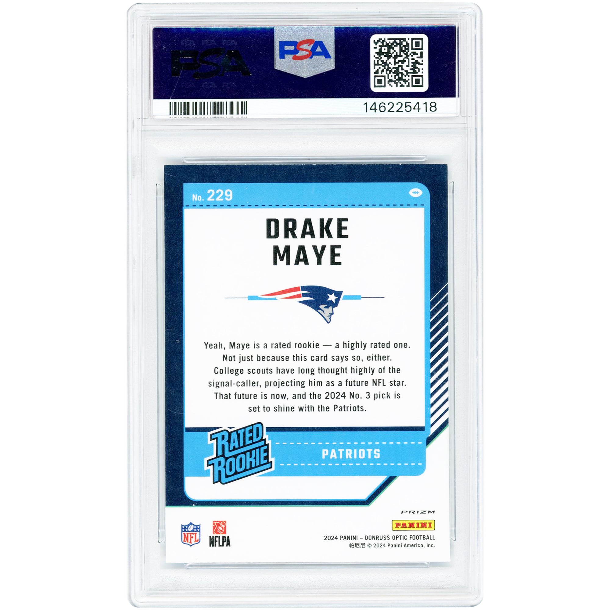 Carte de recrue Drake Maye New England Patriots 2024 Panini Donruss Optic Rated Blue Hyper Prizm n° 229, authentifiée PSA 10