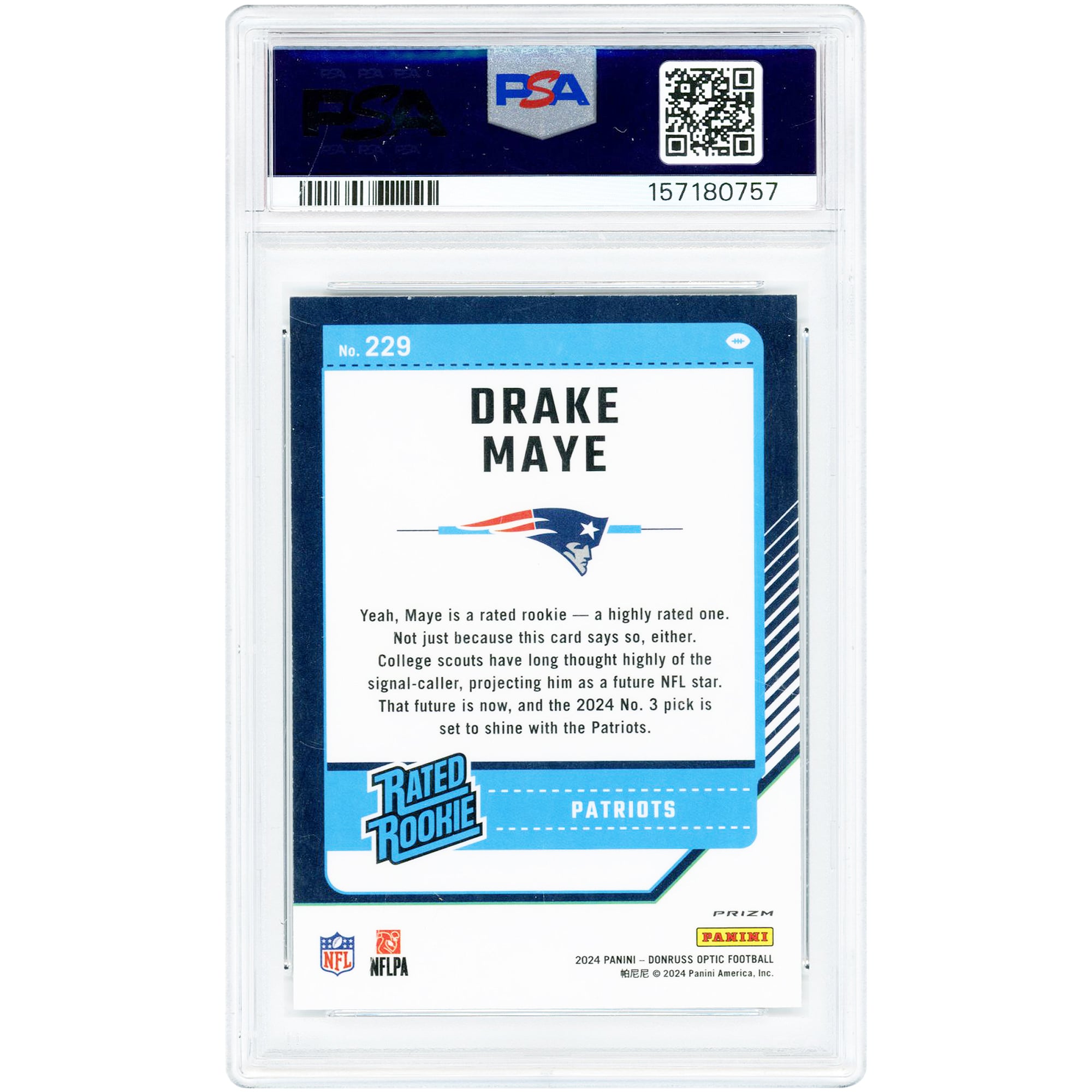 Carte de recrue Drake Maye New England Patriots 2024 Panini Donruss Optic Rated Holo Prizm n° 229 authentifiée PSA 10