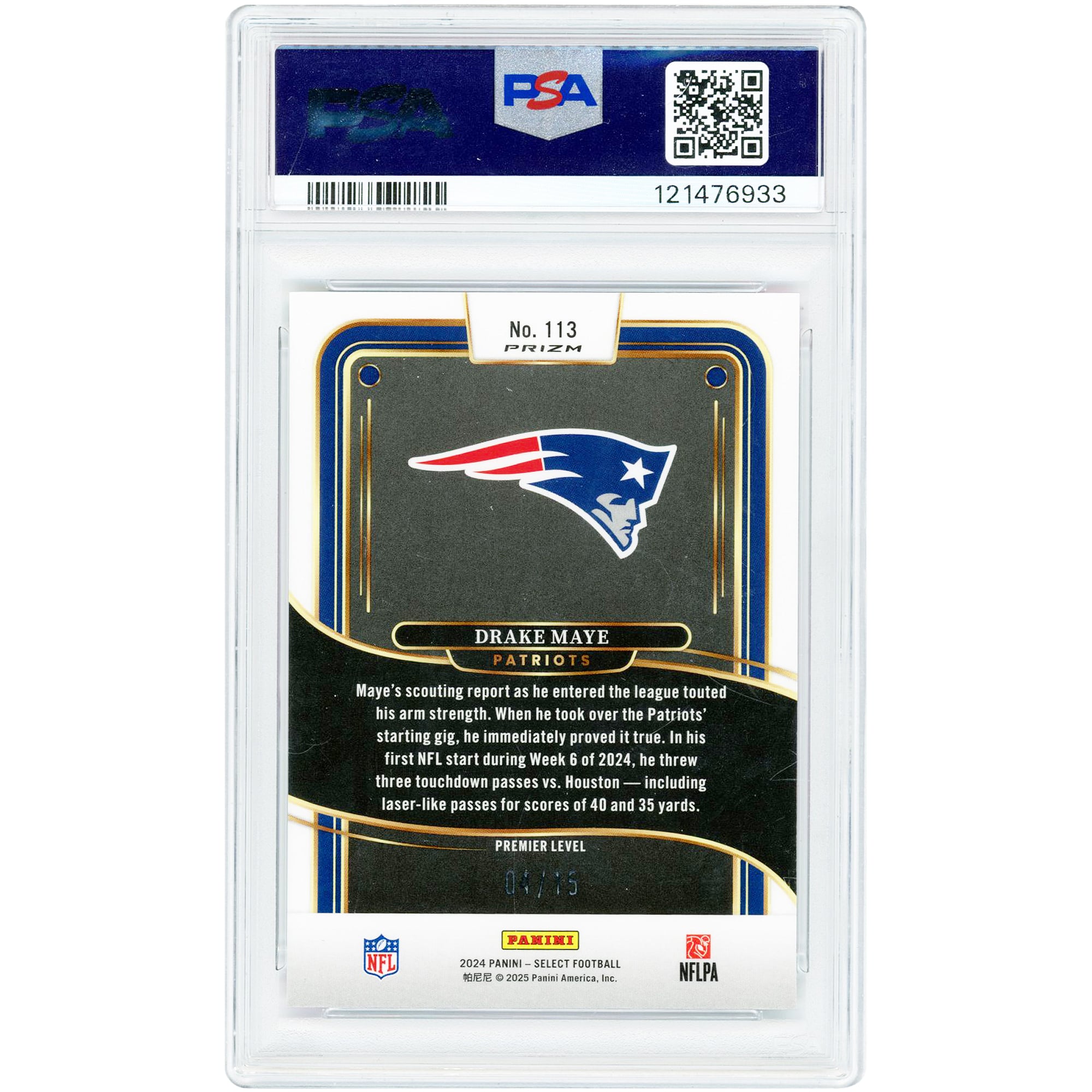 Carte recrue Drake Maye New England Patriots 2024 Panini Select Pink Glitter Prizm n° 113, n° 4/15, authentifiée PSA 9