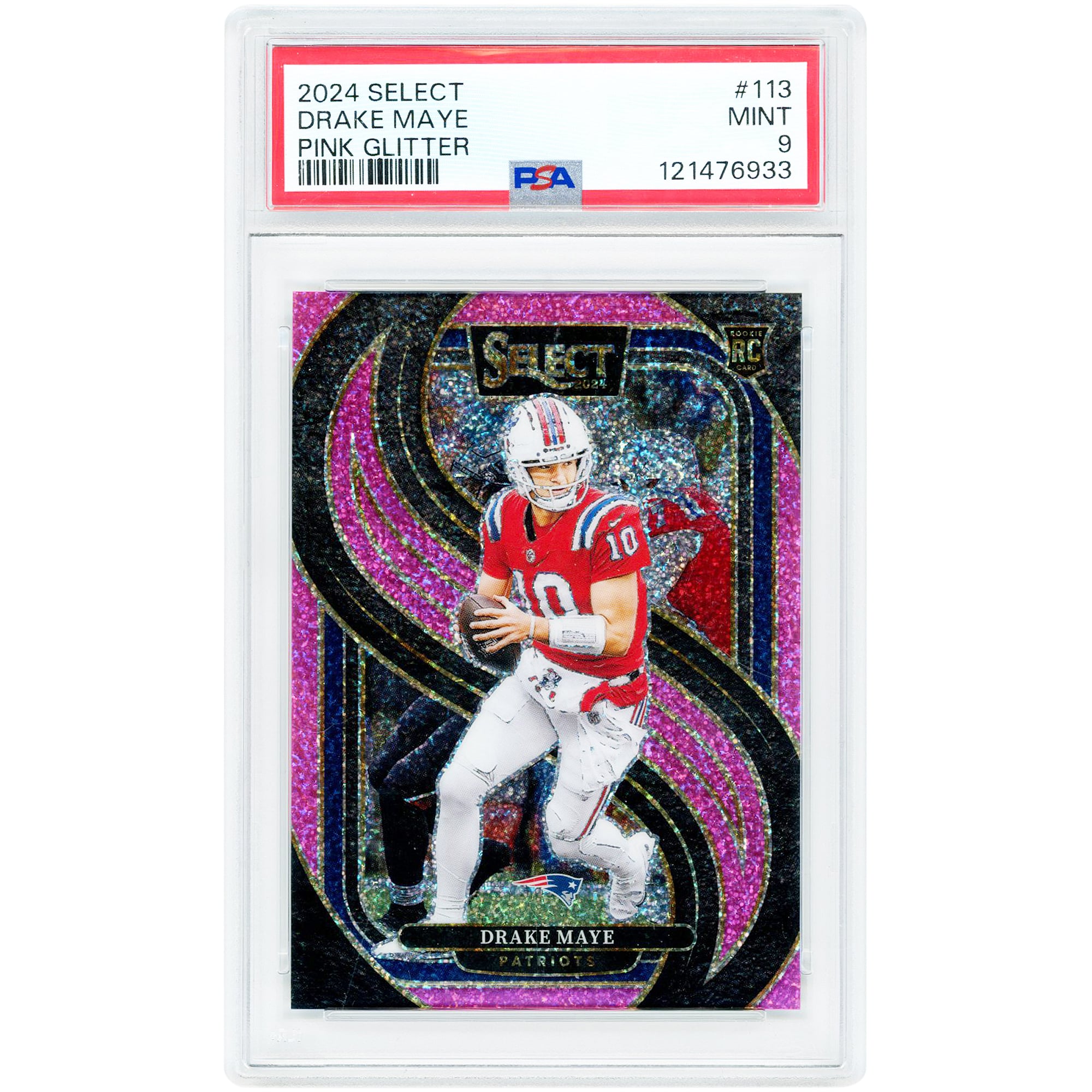 Carte recrue Drake Maye New England Patriots 2024 Panini Select Pink Glitter Prizm n° 113, n° 4/15, authentifiée PSA 9