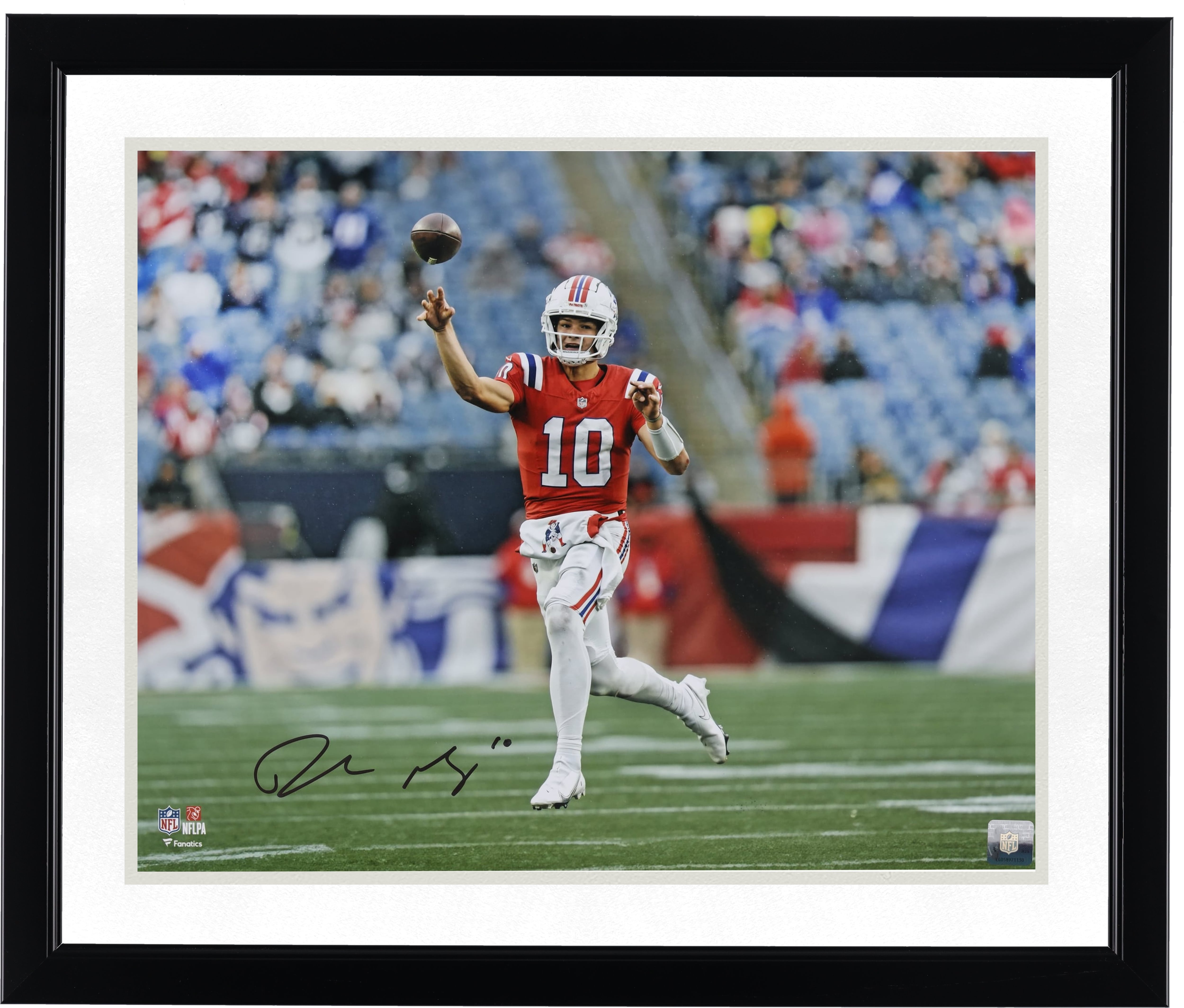 Drake Maye New England Patriots Autographed 16" x 20" Red Jersey Throwing Photograph