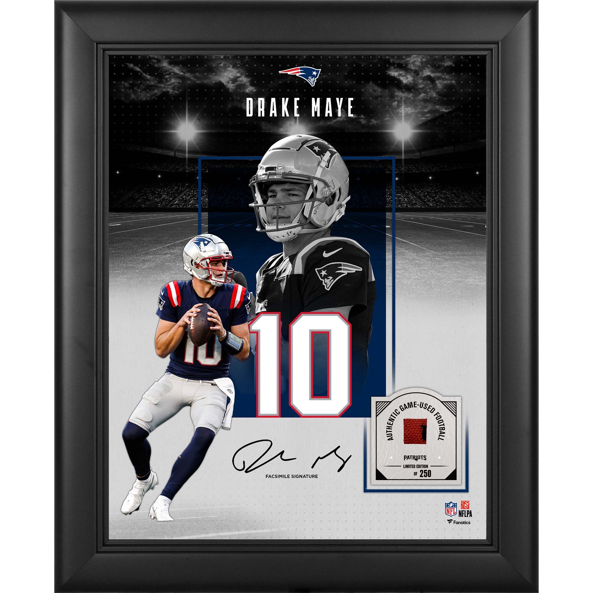 Drake Maye New England Patriots Facsimile Signature Framed 11" x 14" Showcase Collage with a Piece of Game-Used Football - Limited Edition of 250
