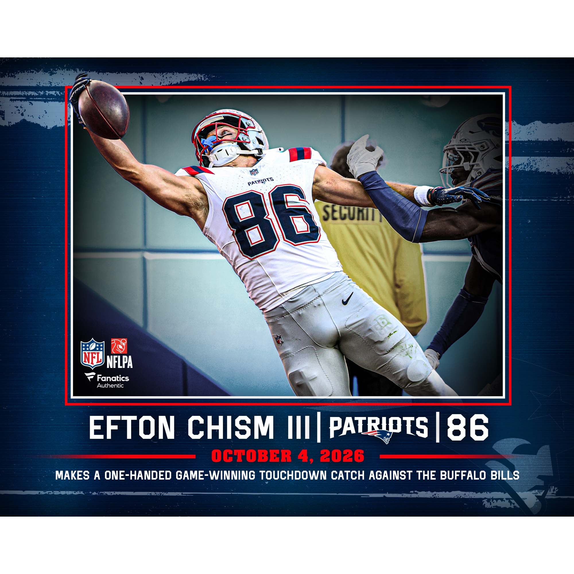 Efton Chism III New England Patriots Unsigned 2026 NFL Week 4 One-Handed Touchdown Catch vs. Buffalo Bills Photograph