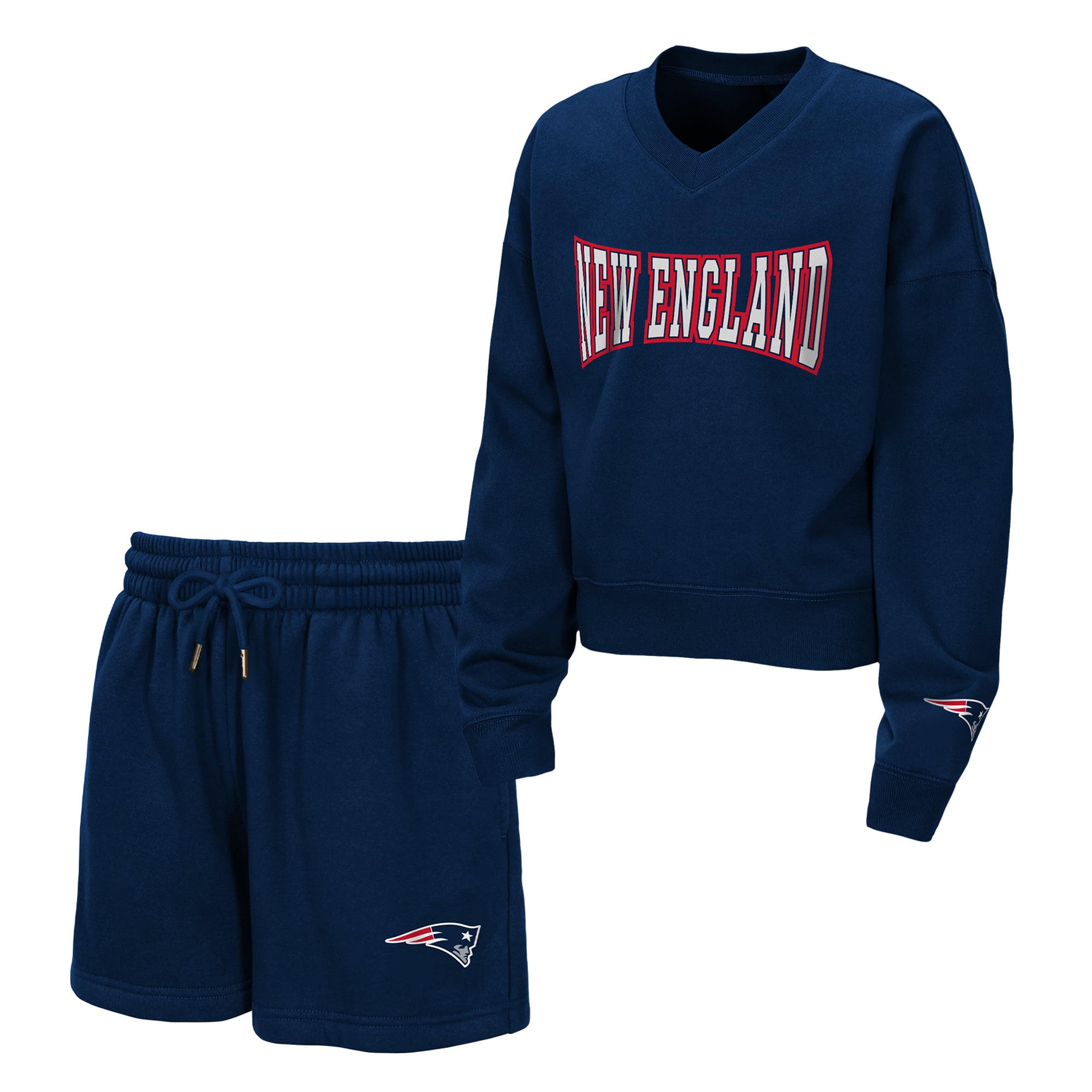 Ensemble sweat-shirt et short en polaire à col V, motif New England Patriots, bleu marine, de la marque Erin Andrews.