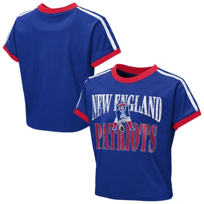  New England Patriots WEAR by Erin Andrews Girls Youth  Cropped Hail Mary Ringer Baby T-Shirt - Royal