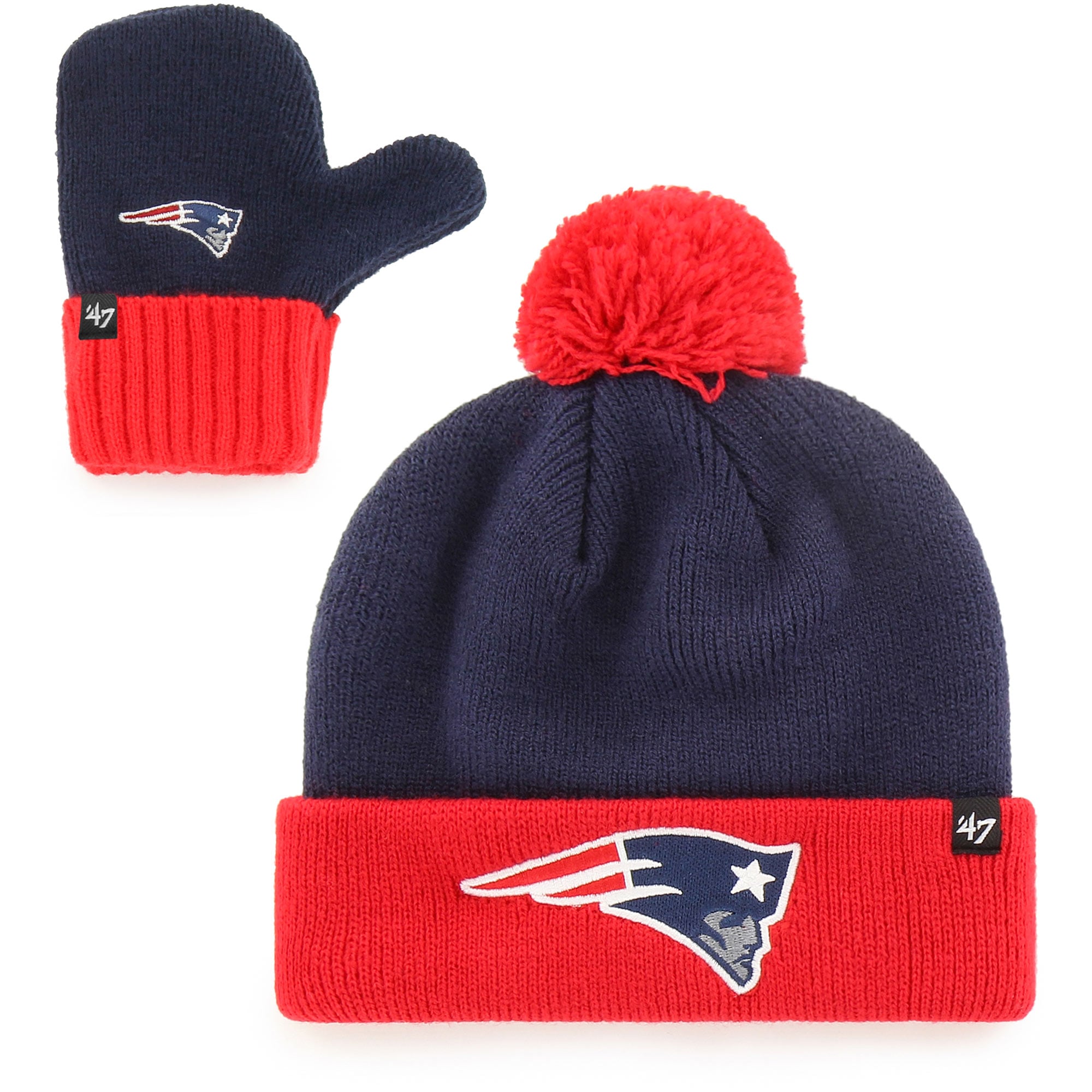Ensemble bonnet à revers, pompon et moufles pour bébé « Bam Bam » des New England Patriots, bleu marine et rouge, modèle 1947