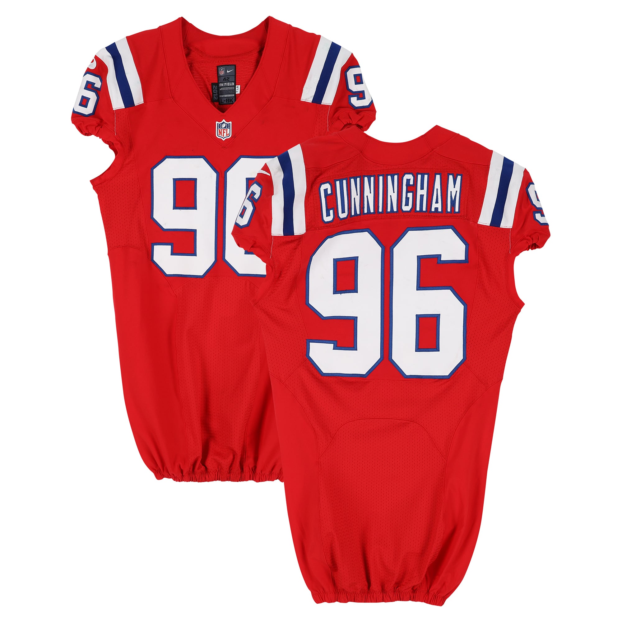 Maillot rétro rouge Nike n° 96 porté par Jermaine Cunningham, des New England Patriots, lors de la saison NFL 2012.