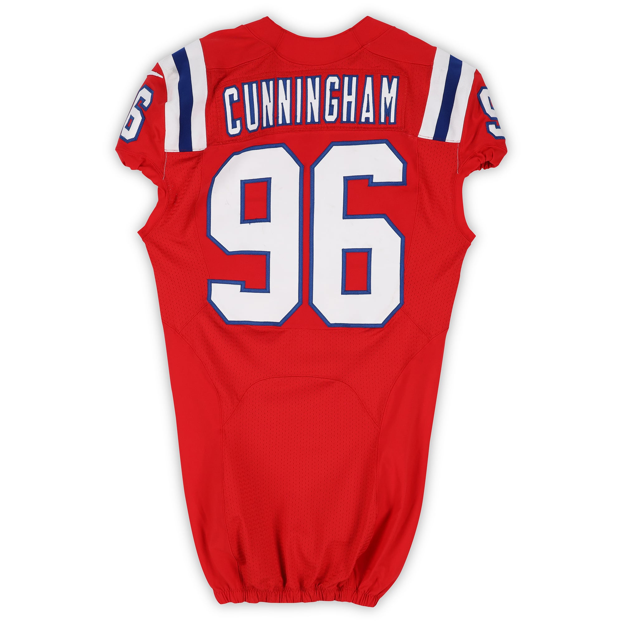Maillot rétro rouge Nike n° 96 porté par Jermaine Cunningham, des New England Patriots, lors de la saison NFL 2012.