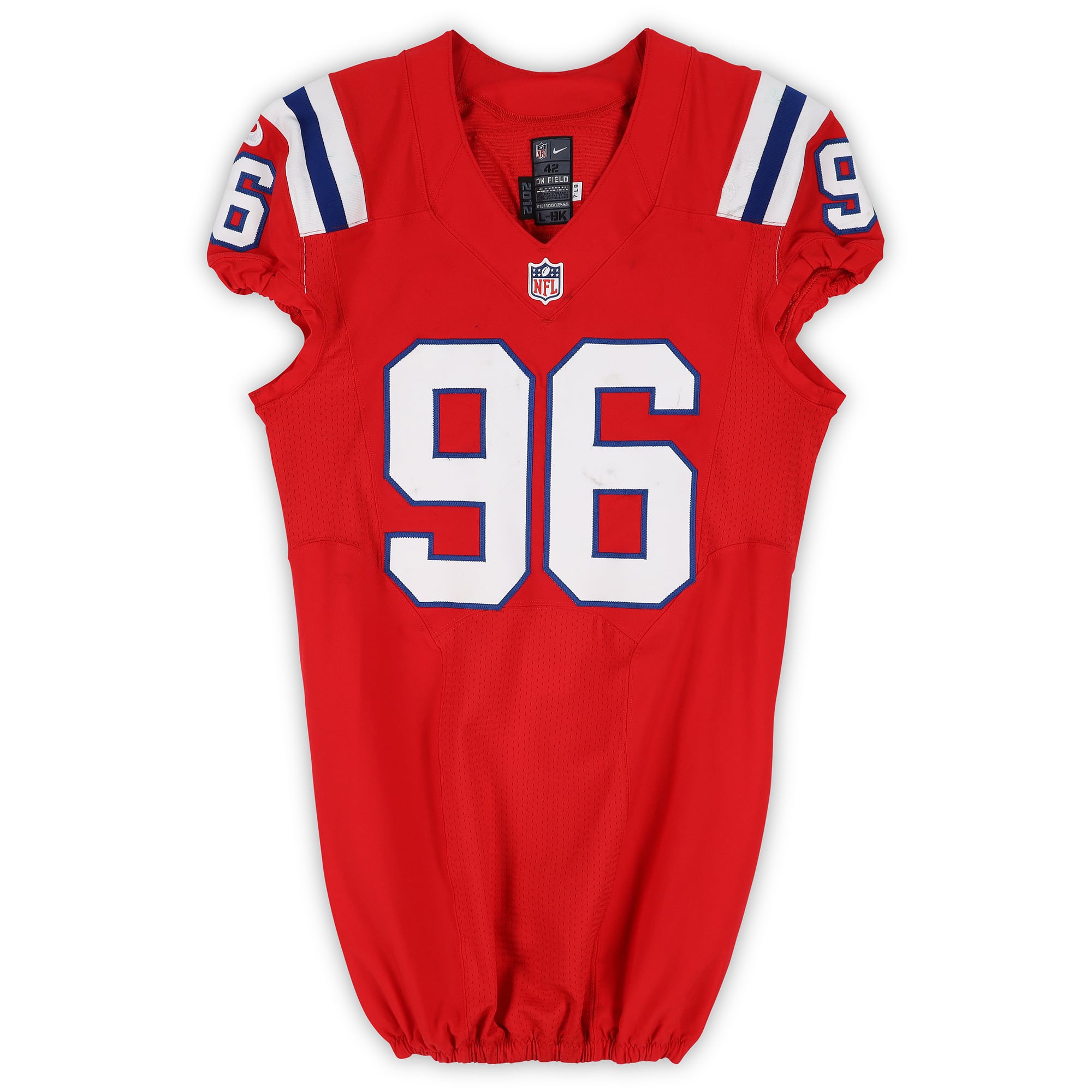 Maillot rétro rouge Nike n° 96 porté par Jermaine Cunningham, des New England Patriots, lors de la saison NFL 2012.