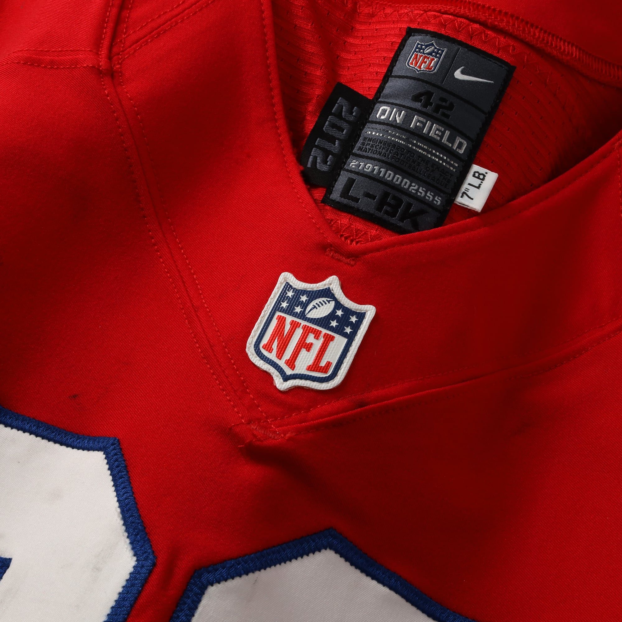 Maillot rétro rouge Nike n° 96 porté par Jermaine Cunningham, des New England Patriots, lors de la saison NFL 2012.