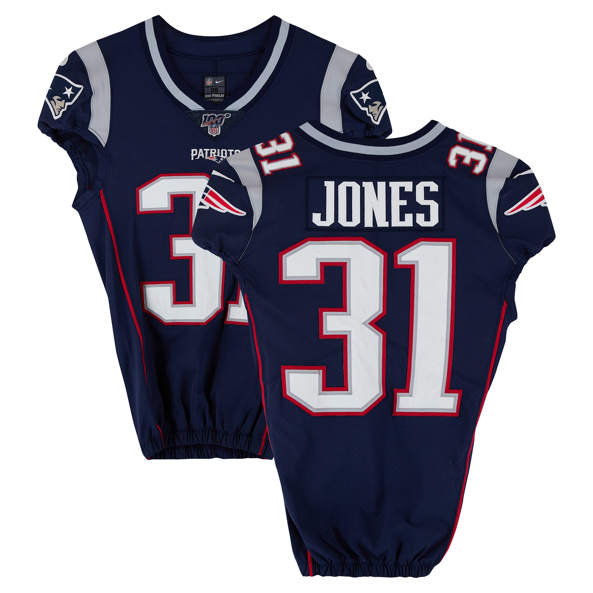 Maillot Nike bleu marine n° 31 porté par Jonathan Jones, joueur des New England Patriots, saison 2019 de la NFL