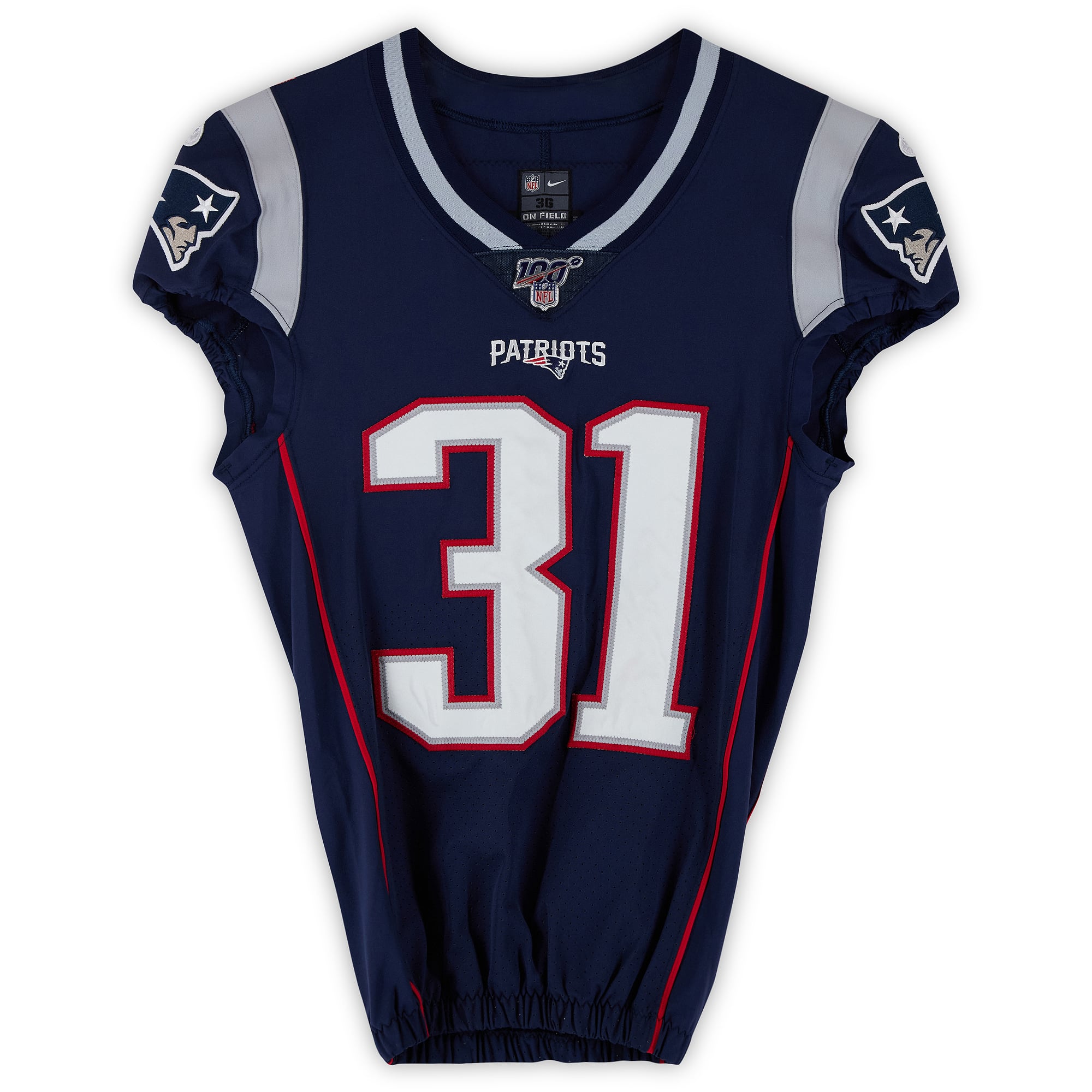 Maillot Nike bleu marine n° 31 porté par Jonathan Jones, joueur des New England Patriots, saison 2019 de la NFL
