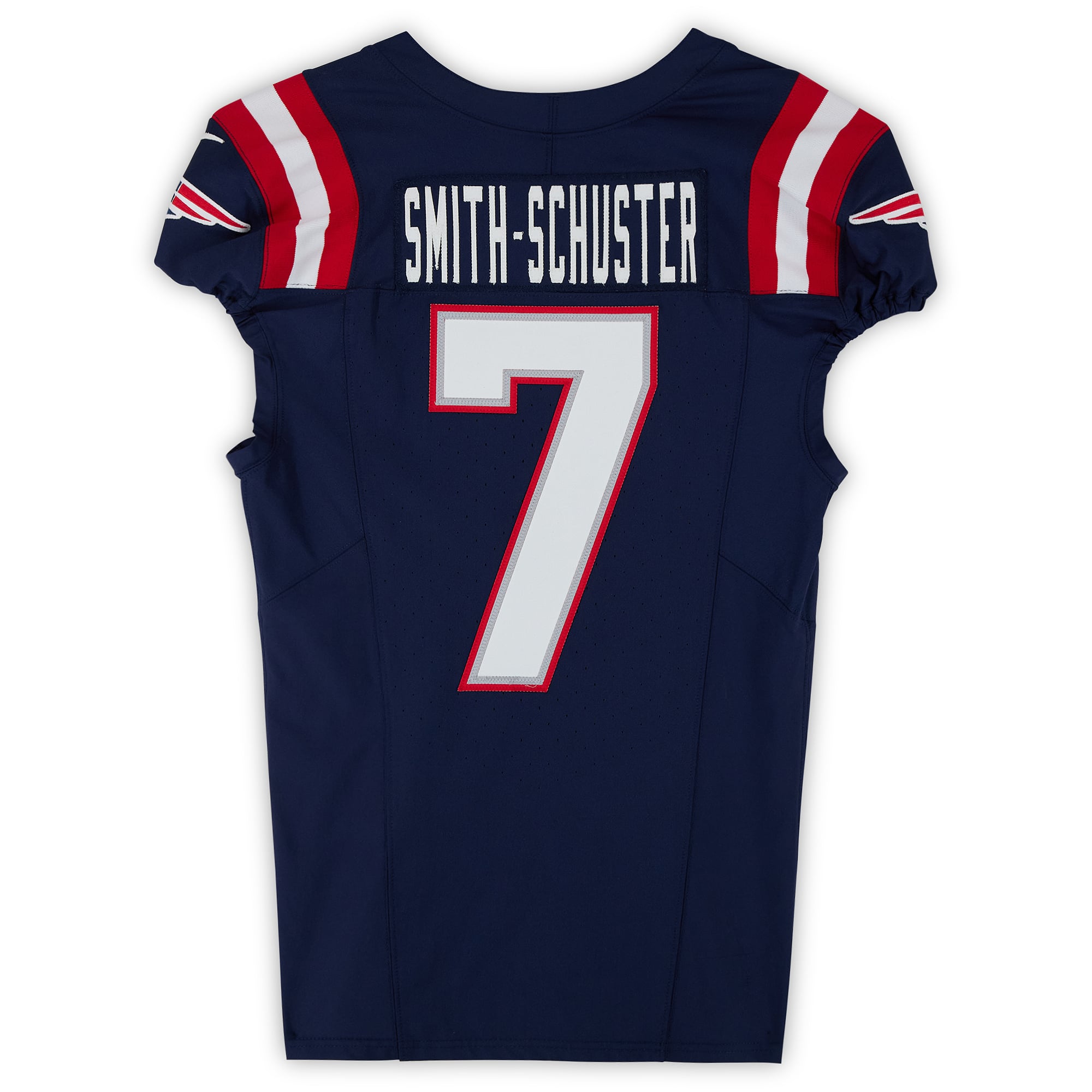 Maillot Nike bleu marine n° 7 porté par Juju Smith-Schuster, joueur des New England Patriots, saison NFL 2023