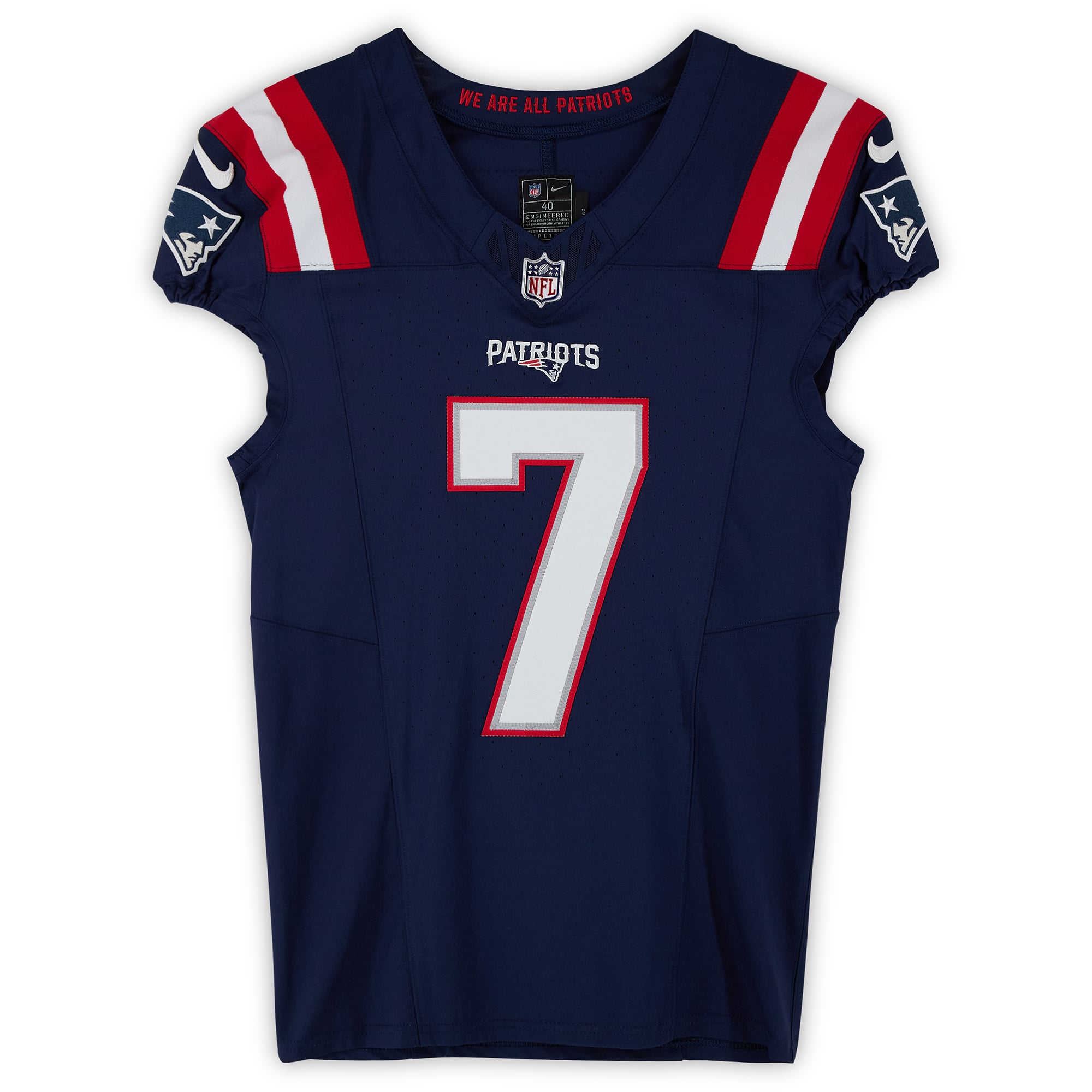 Maillot Nike bleu marine n° 7 porté par Juju Smith-Schuster, joueur des New England Patriots, saison NFL 2023
