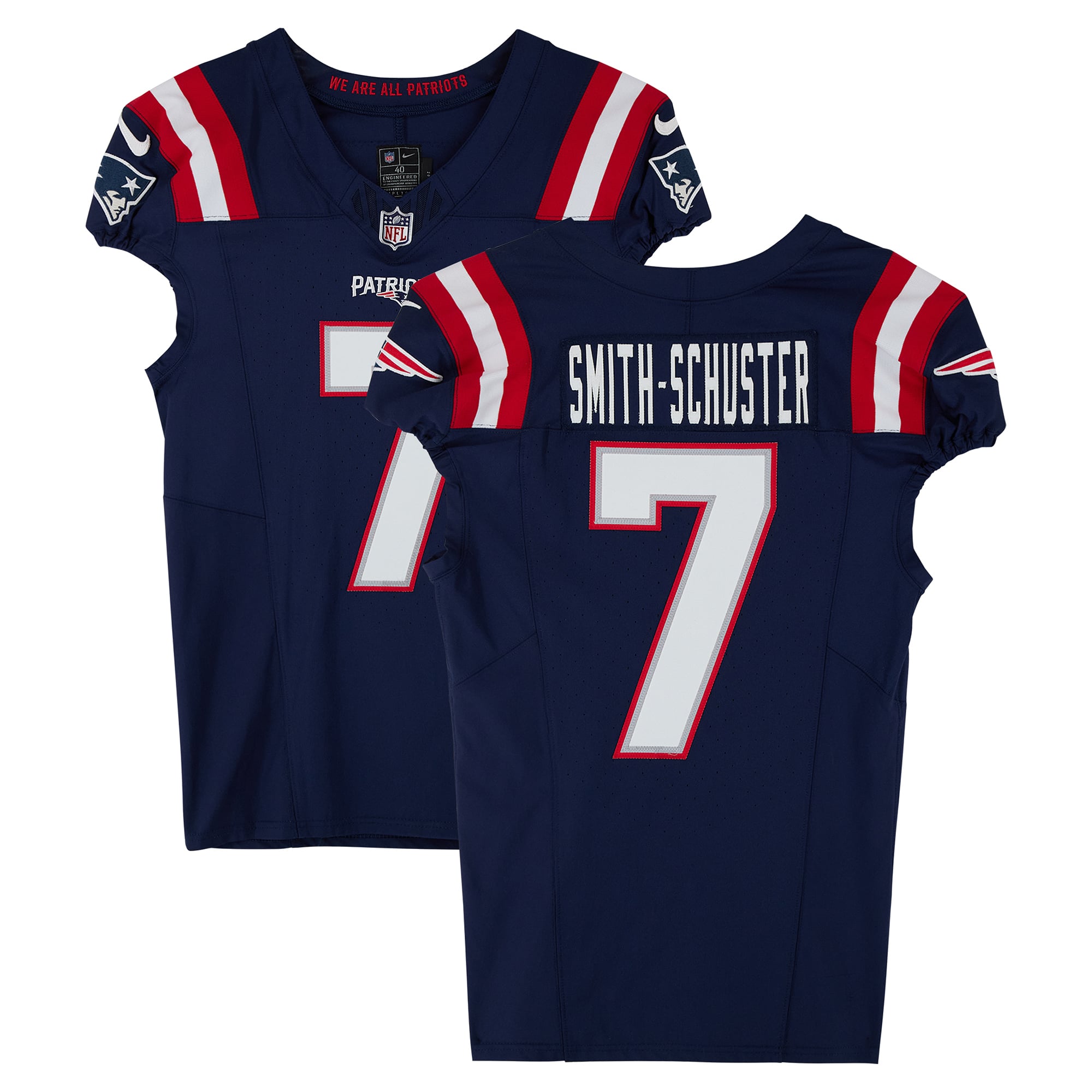 Maillot Nike bleu marine n° 7 porté par Juju Smith-Schuster, joueur des New England Patriots, saison NFL 2023