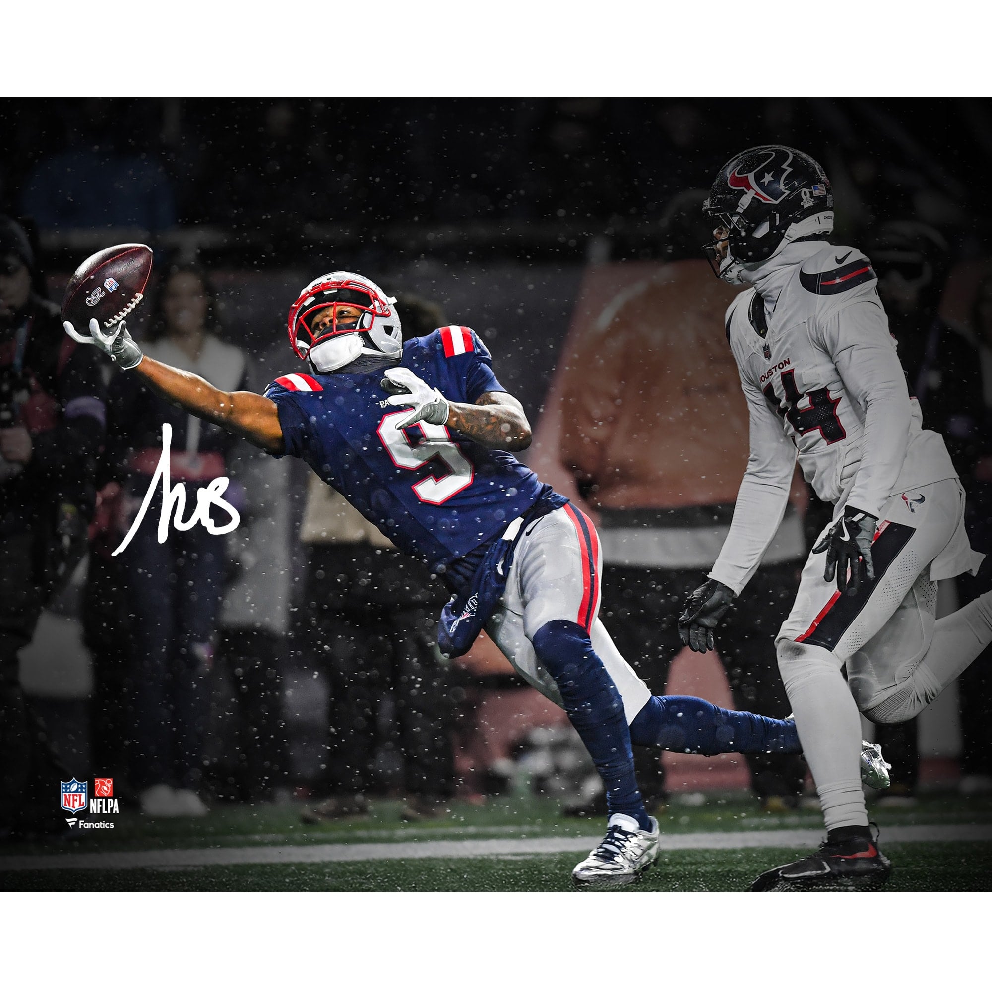 Photo dédicacée de Kayshon Boutte, joueur des New England Patriots, format 2025, lors du match de division AFC 2025 : réception d'un touchdown à une main (8 x 10 pouces).