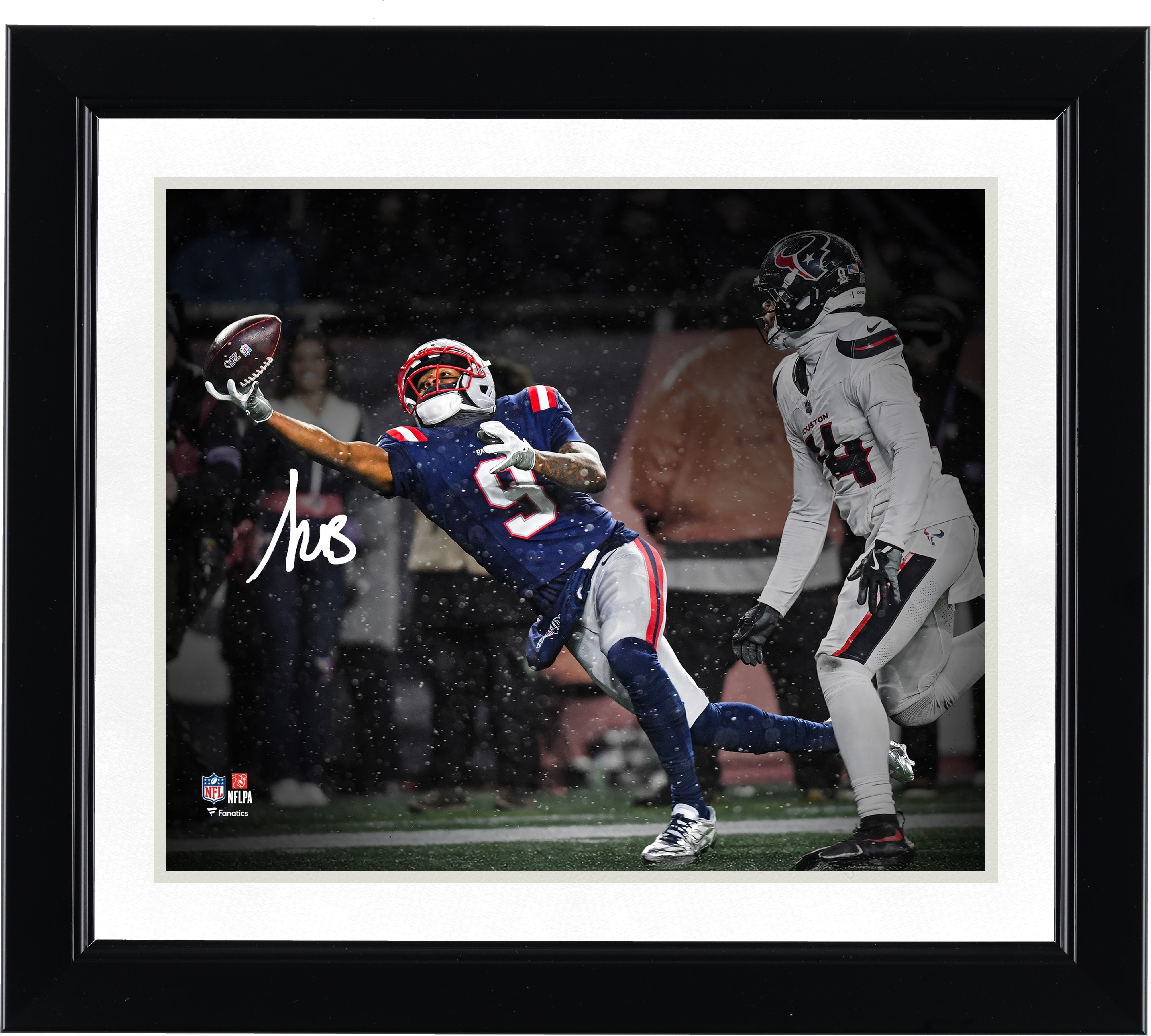 Photo dédicacée de Kayshon Boutte, joueur des New England Patriots, format 2025, lors du match de division AFC 2025 : réception d'un touchdown à une main (8 x 10 pouces).