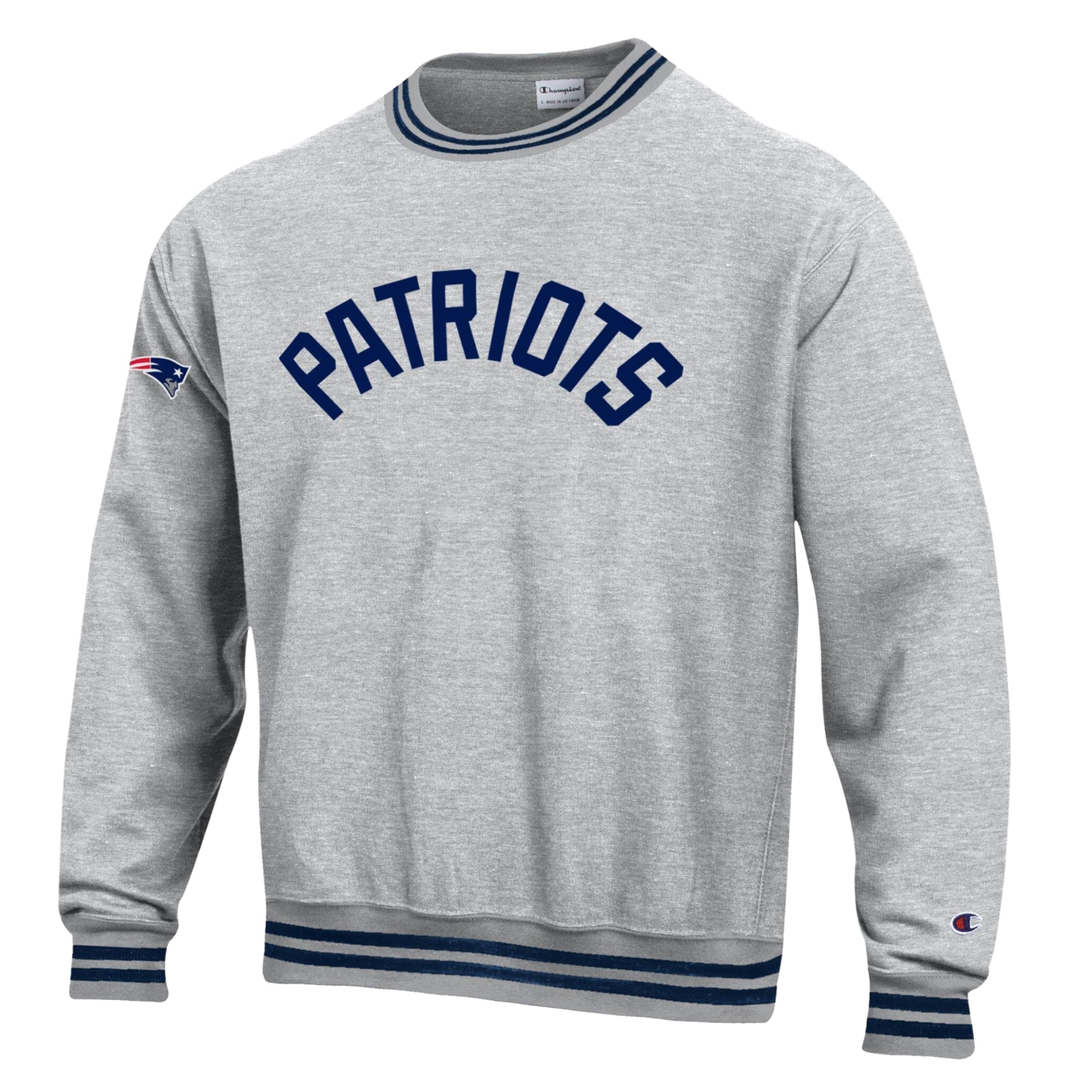Men's Champion Heather Gray/Navy New England Patriots Reverse Weave Yarn Dye Sweatshirt