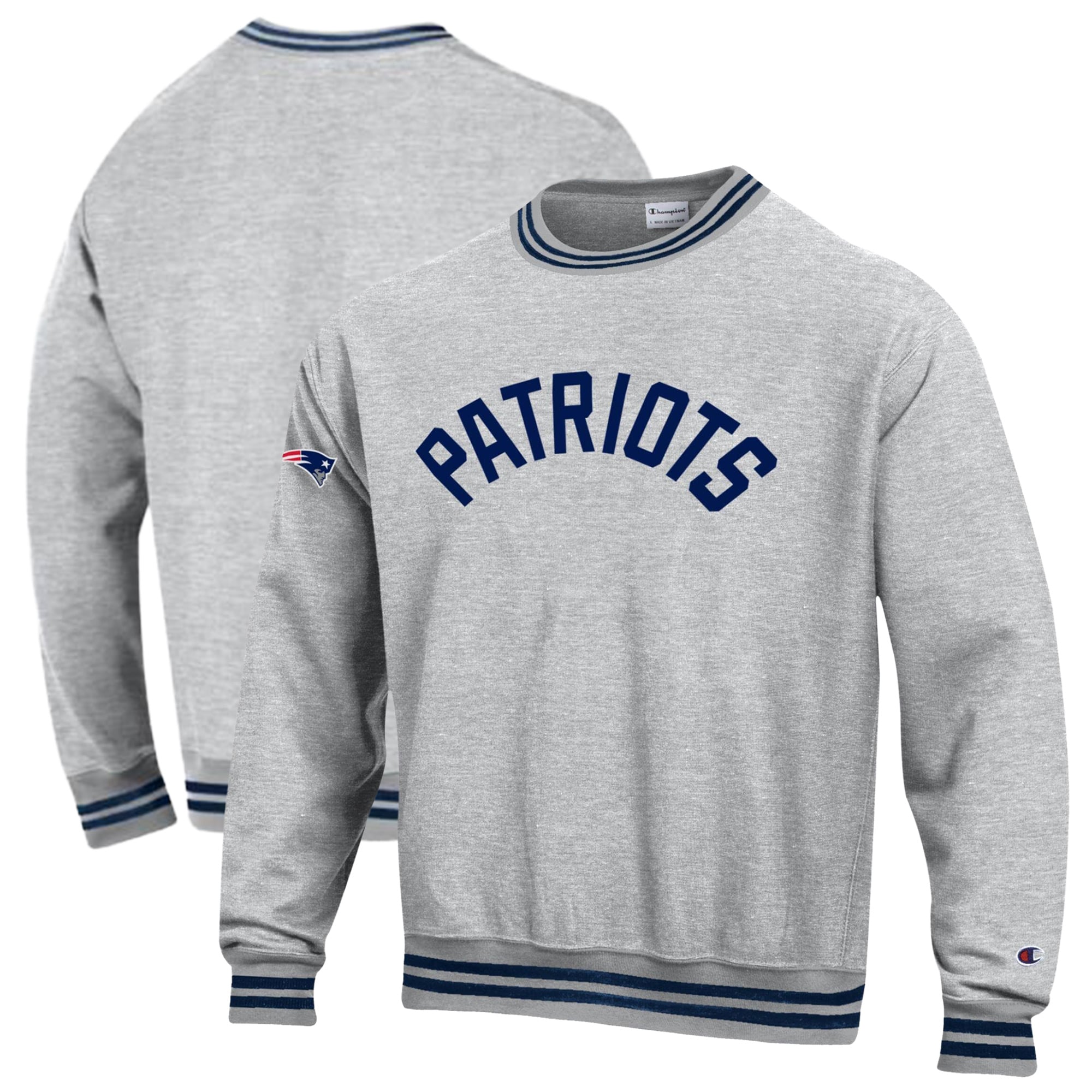 Men's Champion Heather Gray/Navy New England Patriots Reverse Weave Yarn Dye Sweatshirt