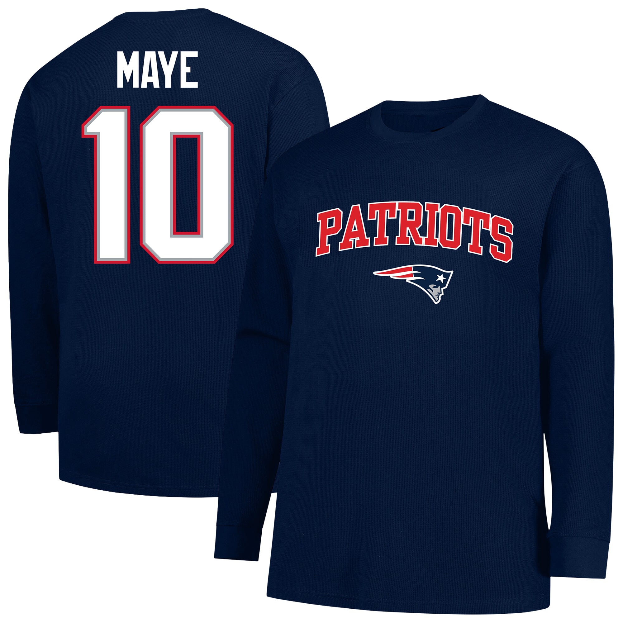 Men's Fanatics Drake Maye Navy New England Patriots Big & Tall Thermal Waffle Long Sleeve T-Shirt