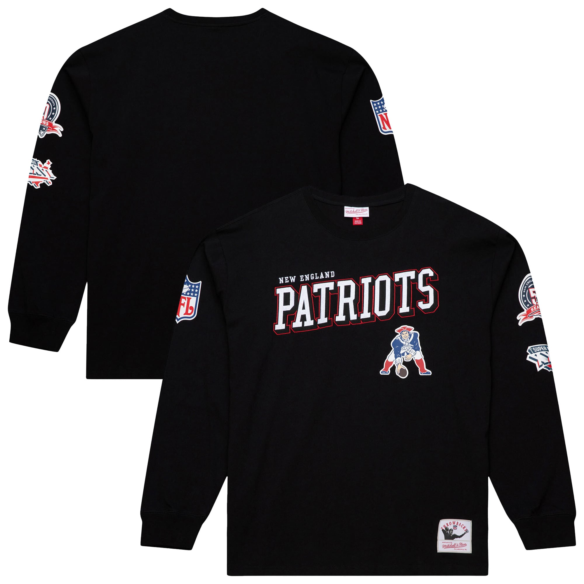 Men's Mitchell & Ness  Black New England Patriots Training Camp Vintage Logos Long Sleeve T-Shirt