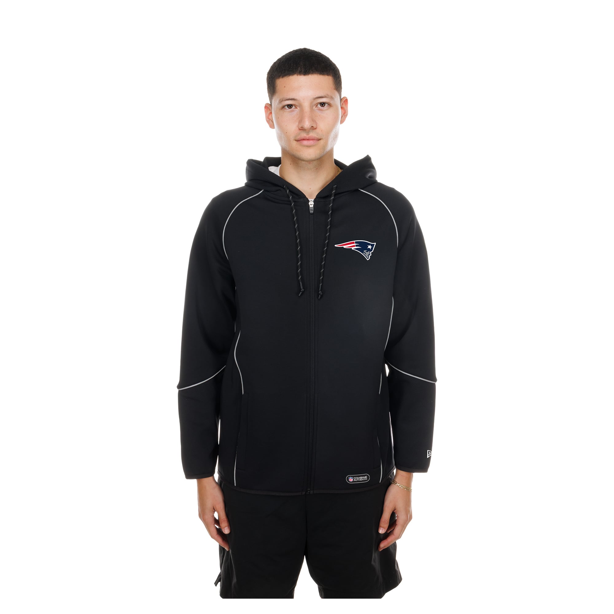 Sweat à capuche zippé New Era noir England Patriots Combine Authentic Raglan pour homme