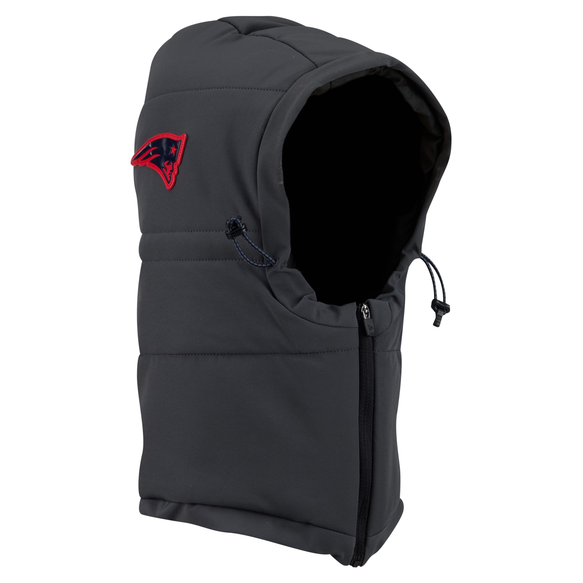 Sweat à capuche matelassé ajustable New Era pour homme, coloris anthracite, New England Patriots 2026 Sideline, idéal pour temps froid.