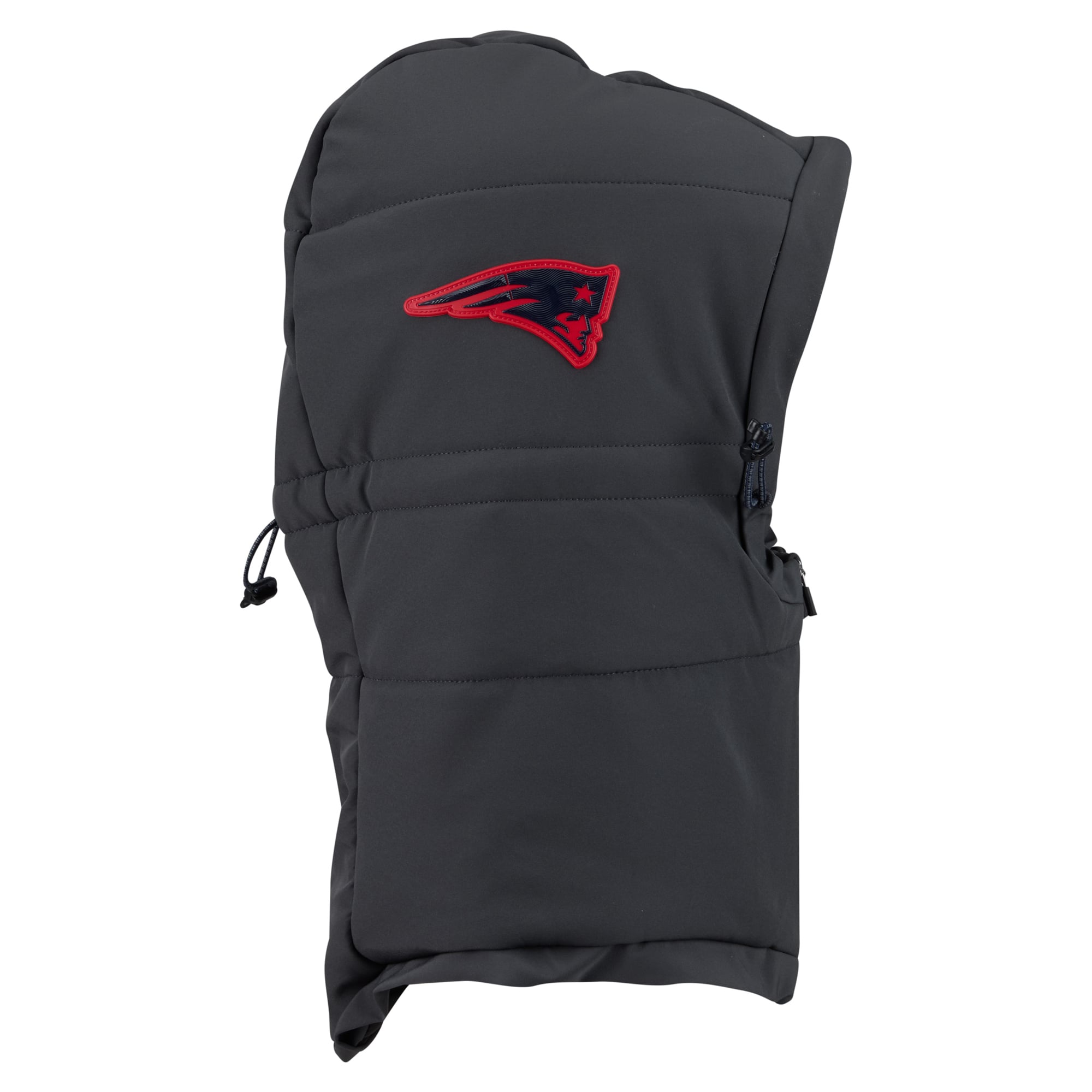 Sweat à capuche matelassé ajustable New Era pour homme, coloris anthracite, New England Patriots 2026 Sideline, idéal pour temps froid.