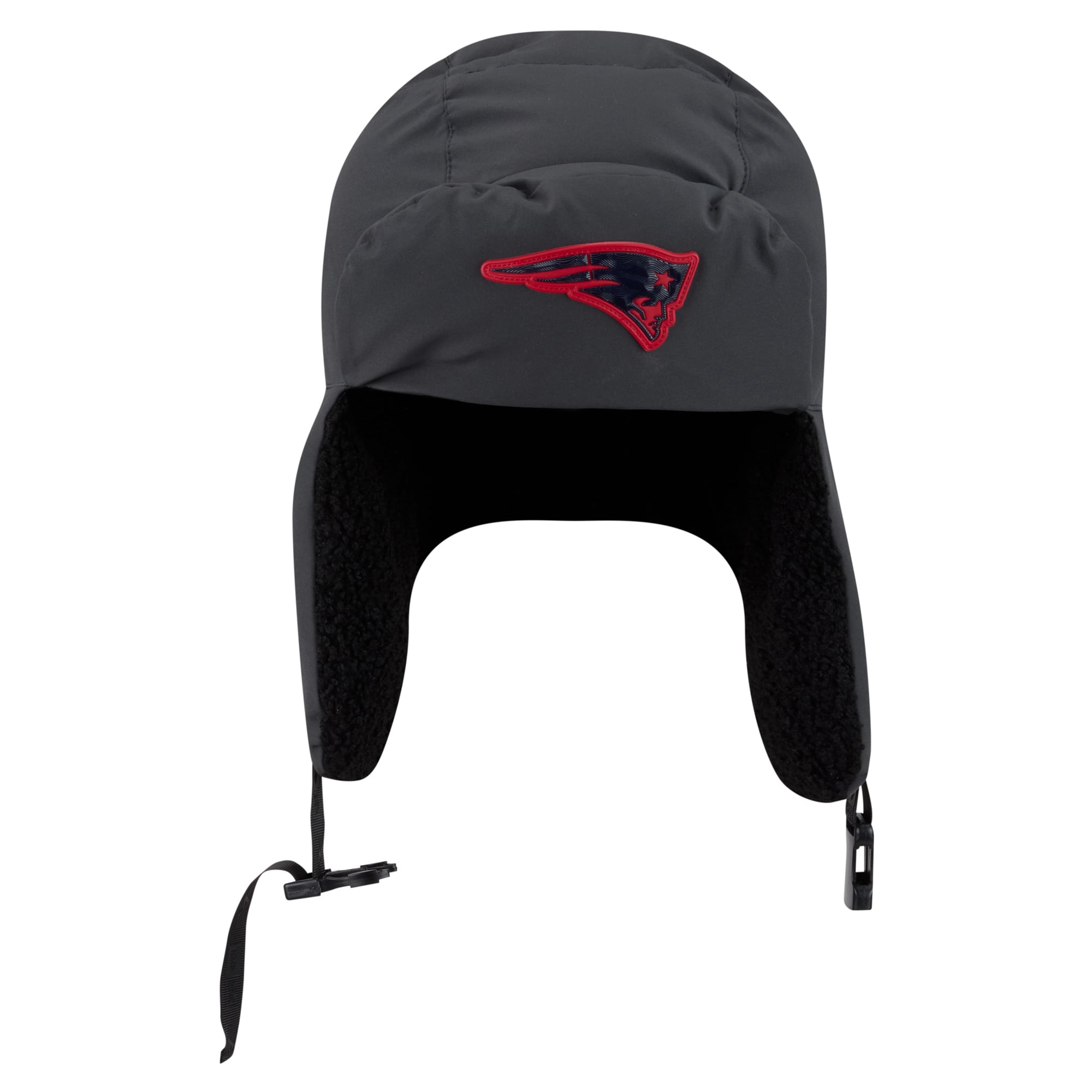 Casquette trappeur New Era anthracite pour homme, modèle 2026 des New England Patriots, idéale pour les temps froids.