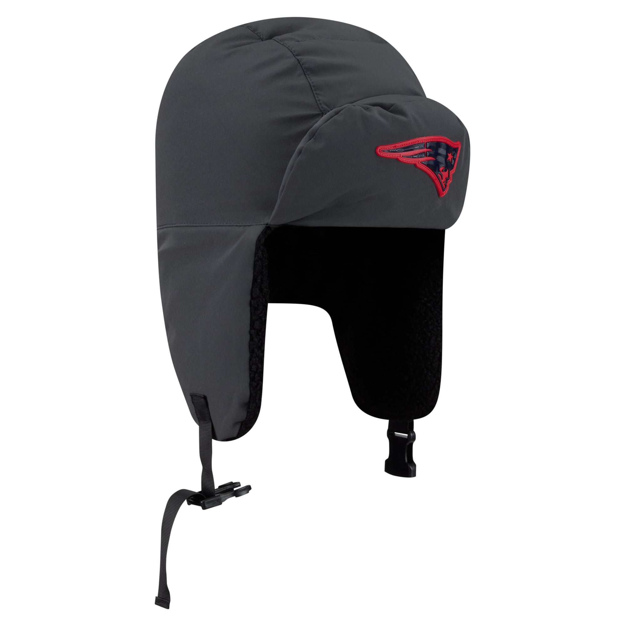 Casquette trappeur New Era anthracite pour homme, modèle 2026 des New England Patriots, idéale pour les temps froids.